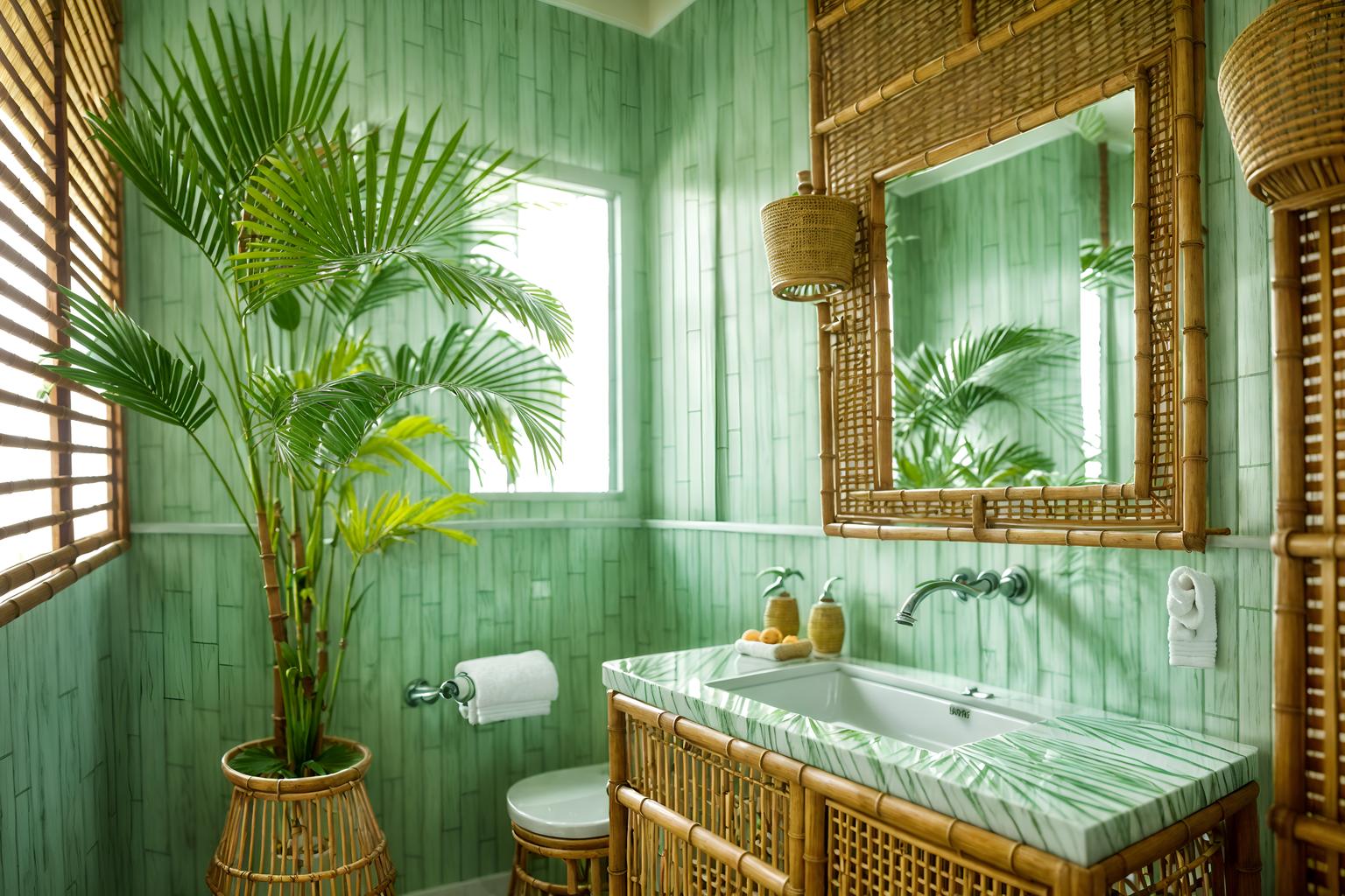 tropical-style (hotel bathroom interior) with bathroom cabinet and mirror and bathroom sink with faucet and bath towel and bathtub and shower and toilet seat and plant. . with cane motifs and rattan and lattice prints and wicker and teak and palm leaves and palm trees and bamboo. . cinematic photo, highly detailed, cinematic lighting, ultra-detailed, ultrarealistic, photorealism, 8k. tropical interior design style. masterpiece, cinematic light, ultrarealistic+, photorealistic+, 8k, raw photo, realistic, sharp focus on eyes, (symmetrical eyes), (intact eyes), hyperrealistic, highest quality, best quality, , highly detailed, masterpiece, best quality, extremely detailed 8k wallpaper, masterpiece, best quality, ultra-detailed, best shadow, detailed background, detailed face, detailed eyes, high contrast, best illumination, detailed face, dulux, caustic, dynamic angle, detailed glow. dramatic lighting. highly detailed, insanely detailed hair, symmetrical, intricate details, professionally retouched, 8k high definition. strong bokeh. award winning photo.