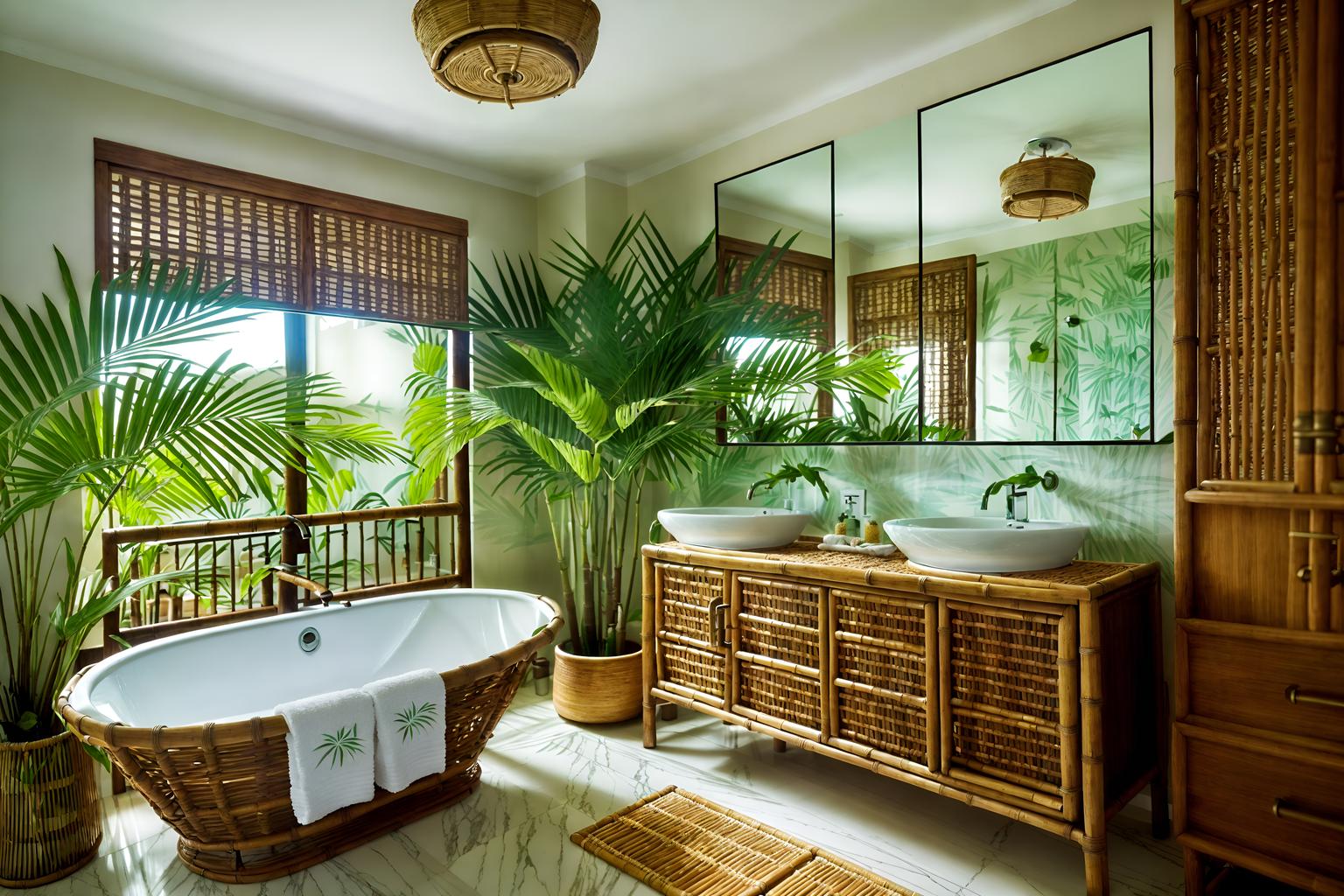 tropical-style (hotel bathroom interior) with bathroom cabinet and mirror and bathroom sink with faucet and bath towel and bathtub and shower and toilet seat and plant. . with cane motifs and rattan and lattice prints and wicker and teak and palm leaves and palm trees and bamboo. . cinematic photo, highly detailed, cinematic lighting, ultra-detailed, ultrarealistic, photorealism, 8k. tropical interior design style. masterpiece, cinematic light, ultrarealistic+, photorealistic+, 8k, raw photo, realistic, sharp focus on eyes, (symmetrical eyes), (intact eyes), hyperrealistic, highest quality, best quality, , highly detailed, masterpiece, best quality, extremely detailed 8k wallpaper, masterpiece, best quality, ultra-detailed, best shadow, detailed background, detailed face, detailed eyes, high contrast, best illumination, detailed face, dulux, caustic, dynamic angle, detailed glow. dramatic lighting. highly detailed, insanely detailed hair, symmetrical, intricate details, professionally retouched, 8k high definition. strong bokeh. award winning photo.