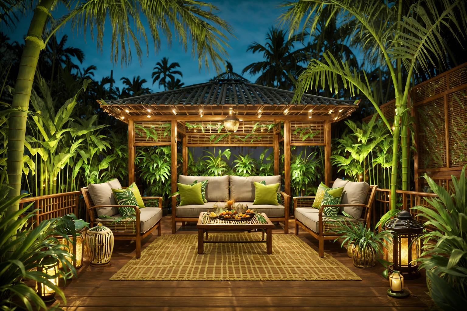 tropical-style designed (outdoor patio ) with barbeque or grill and grass and deck with deck chairs and patio couch with pillows and plant and barbeque or grill. . with cane motifs and bamboo and wicker and palm leaves and lattice prints and rattan and palm trees and teak. . cinematic photo, highly detailed, cinematic lighting, ultra-detailed, ultrarealistic, photorealism, 8k. tropical design style. masterpiece, cinematic light, ultrarealistic+, photorealistic+, 8k, raw photo, realistic, sharp focus on eyes, (symmetrical eyes), (intact eyes), hyperrealistic, highest quality, best quality, , highly detailed, masterpiece, best quality, extremely detailed 8k wallpaper, masterpiece, best quality, ultra-detailed, best shadow, detailed background, detailed face, detailed eyes, high contrast, best illumination, detailed face, dulux, caustic, dynamic angle, detailed glow. dramatic lighting. highly detailed, insanely detailed hair, symmetrical, intricate details, professionally retouched, 8k high definition. strong bokeh. award winning photo.