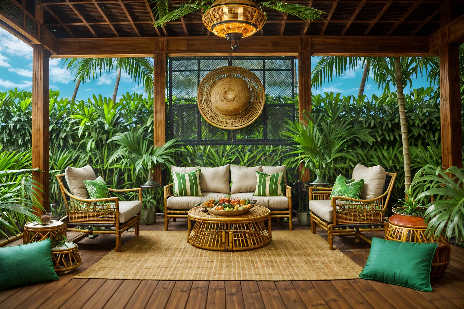 tropical-style designed (outdoor patio ) with barbeque or grill and grass and deck with deck chairs and patio couch with pillows and plant and barbeque or grill. . with cane motifs and bamboo and wicker and palm leaves and lattice prints and rattan and palm trees and teak. . cinematic photo, highly detailed, cinematic lighting, ultra-detailed, ultrarealistic, photorealism, 8k. tropical design style. masterpiece, cinematic light, ultrarealistic+, photorealistic+, 8k, raw photo, realistic, sharp focus on eyes, (symmetrical eyes), (intact eyes), hyperrealistic, highest quality, best quality, , highly detailed, masterpiece, best quality, extremely detailed 8k wallpaper, masterpiece, best quality, ultra-detailed, best shadow, detailed background, detailed face, detailed eyes, high contrast, best illumination, detailed face, dulux, caustic, dynamic angle, detailed glow. dramatic lighting. highly detailed, insanely detailed hair, symmetrical, intricate details, professionally retouched, 8k high definition. strong bokeh. award winning photo.