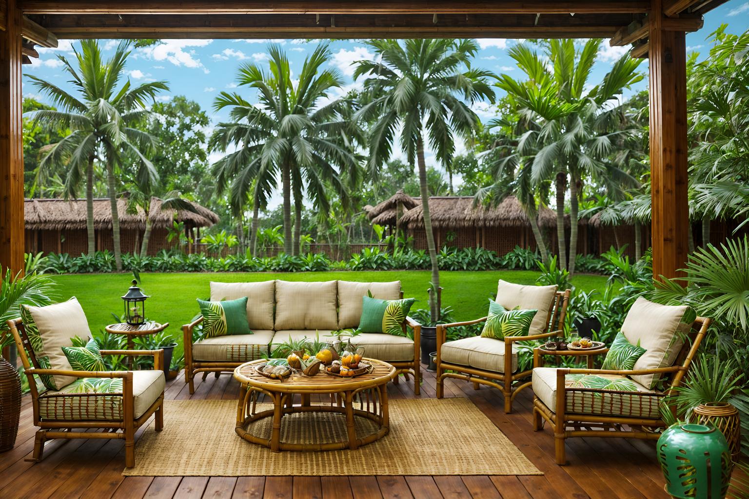 tropical-style designed (outdoor patio ) with barbeque or grill and grass and deck with deck chairs and patio couch with pillows and plant and barbeque or grill. . with cane motifs and bamboo and wicker and palm leaves and lattice prints and rattan and palm trees and teak. . cinematic photo, highly detailed, cinematic lighting, ultra-detailed, ultrarealistic, photorealism, 8k. tropical design style. masterpiece, cinematic light, ultrarealistic+, photorealistic+, 8k, raw photo, realistic, sharp focus on eyes, (symmetrical eyes), (intact eyes), hyperrealistic, highest quality, best quality, , highly detailed, masterpiece, best quality, extremely detailed 8k wallpaper, masterpiece, best quality, ultra-detailed, best shadow, detailed background, detailed face, detailed eyes, high contrast, best illumination, detailed face, dulux, caustic, dynamic angle, detailed glow. dramatic lighting. highly detailed, insanely detailed hair, symmetrical, intricate details, professionally retouched, 8k high definition. strong bokeh. award winning photo.