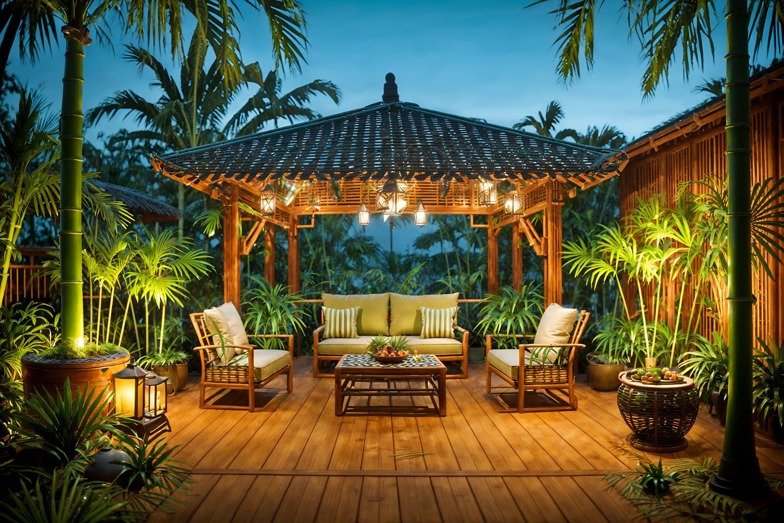 tropical-style designed (outdoor patio ) with barbeque or grill and grass and deck with deck chairs and patio couch with pillows and plant and barbeque or grill. . with cane motifs and bamboo and wicker and palm leaves and lattice prints and rattan and palm trees and teak. . cinematic photo, highly detailed, cinematic lighting, ultra-detailed, ultrarealistic, photorealism, 8k. tropical design style. masterpiece, cinematic light, ultrarealistic+, photorealistic+, 8k, raw photo, realistic, sharp focus on eyes, (symmetrical eyes), (intact eyes), hyperrealistic, highest quality, best quality, , highly detailed, masterpiece, best quality, extremely detailed 8k wallpaper, masterpiece, best quality, ultra-detailed, best shadow, detailed background, detailed face, detailed eyes, high contrast, best illumination, detailed face, dulux, caustic, dynamic angle, detailed glow. dramatic lighting. highly detailed, insanely detailed hair, symmetrical, intricate details, professionally retouched, 8k high definition. strong bokeh. award winning photo.