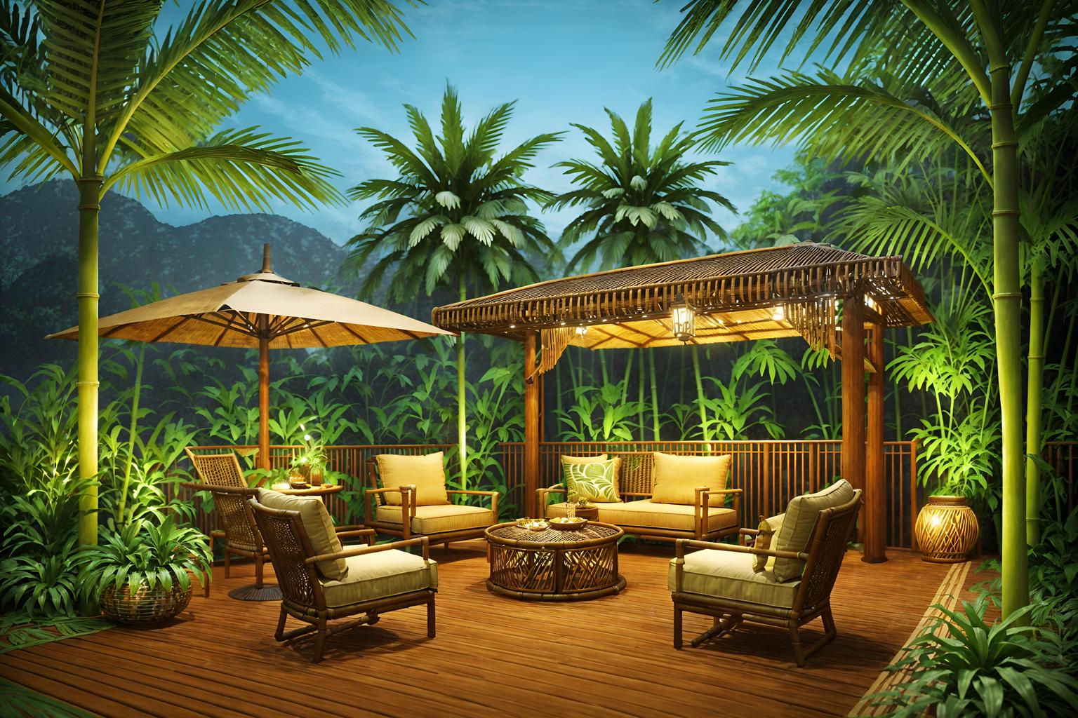 tropical-style designed (outdoor patio ) with barbeque or grill and grass and deck with deck chairs and patio couch with pillows and plant and barbeque or grill. . with cane motifs and bamboo and wicker and palm leaves and lattice prints and rattan and palm trees and teak. . cinematic photo, highly detailed, cinematic lighting, ultra-detailed, ultrarealistic, photorealism, 8k. tropical design style. masterpiece, cinematic light, ultrarealistic+, photorealistic+, 8k, raw photo, realistic, sharp focus on eyes, (symmetrical eyes), (intact eyes), hyperrealistic, highest quality, best quality, , highly detailed, masterpiece, best quality, extremely detailed 8k wallpaper, masterpiece, best quality, ultra-detailed, best shadow, detailed background, detailed face, detailed eyes, high contrast, best illumination, detailed face, dulux, caustic, dynamic angle, detailed glow. dramatic lighting. highly detailed, insanely detailed hair, symmetrical, intricate details, professionally retouched, 8k high definition. strong bokeh. award winning photo.