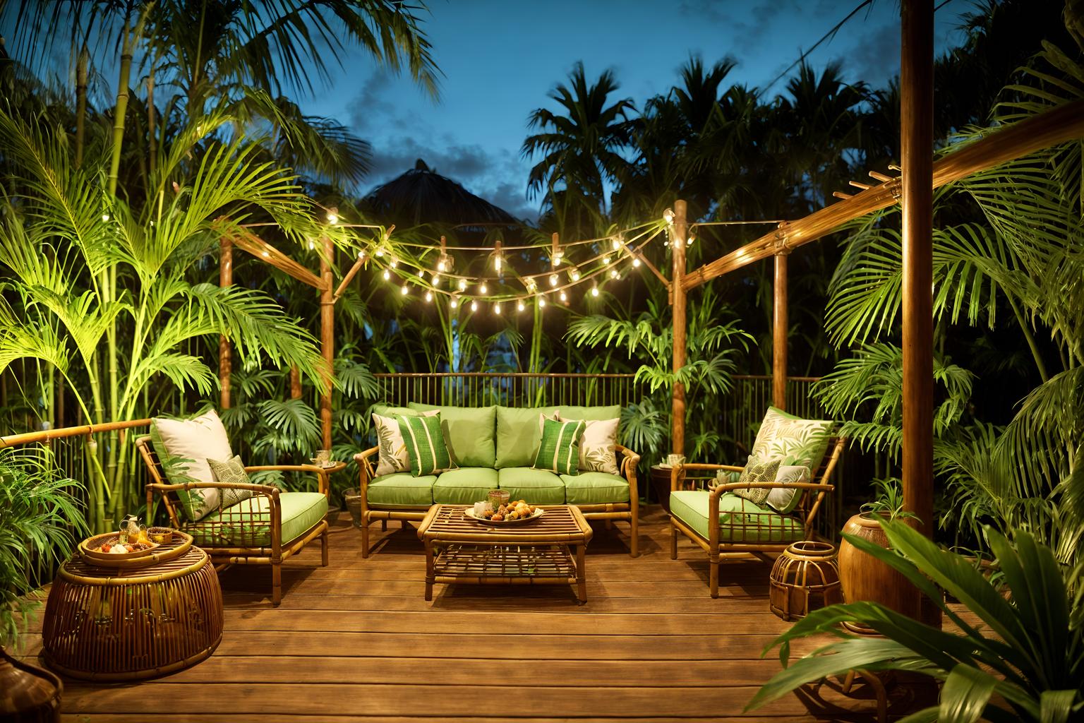 tropical-style designed (outdoor patio ) with barbeque or grill and grass and deck with deck chairs and patio couch with pillows and plant and barbeque or grill. . with cane motifs and bamboo and wicker and palm leaves and lattice prints and rattan and palm trees and teak. . cinematic photo, highly detailed, cinematic lighting, ultra-detailed, ultrarealistic, photorealism, 8k. tropical design style. masterpiece, cinematic light, ultrarealistic+, photorealistic+, 8k, raw photo, realistic, sharp focus on eyes, (symmetrical eyes), (intact eyes), hyperrealistic, highest quality, best quality, , highly detailed, masterpiece, best quality, extremely detailed 8k wallpaper, masterpiece, best quality, ultra-detailed, best shadow, detailed background, detailed face, detailed eyes, high contrast, best illumination, detailed face, dulux, caustic, dynamic angle, detailed glow. dramatic lighting. highly detailed, insanely detailed hair, symmetrical, intricate details, professionally retouched, 8k high definition. strong bokeh. award winning photo.