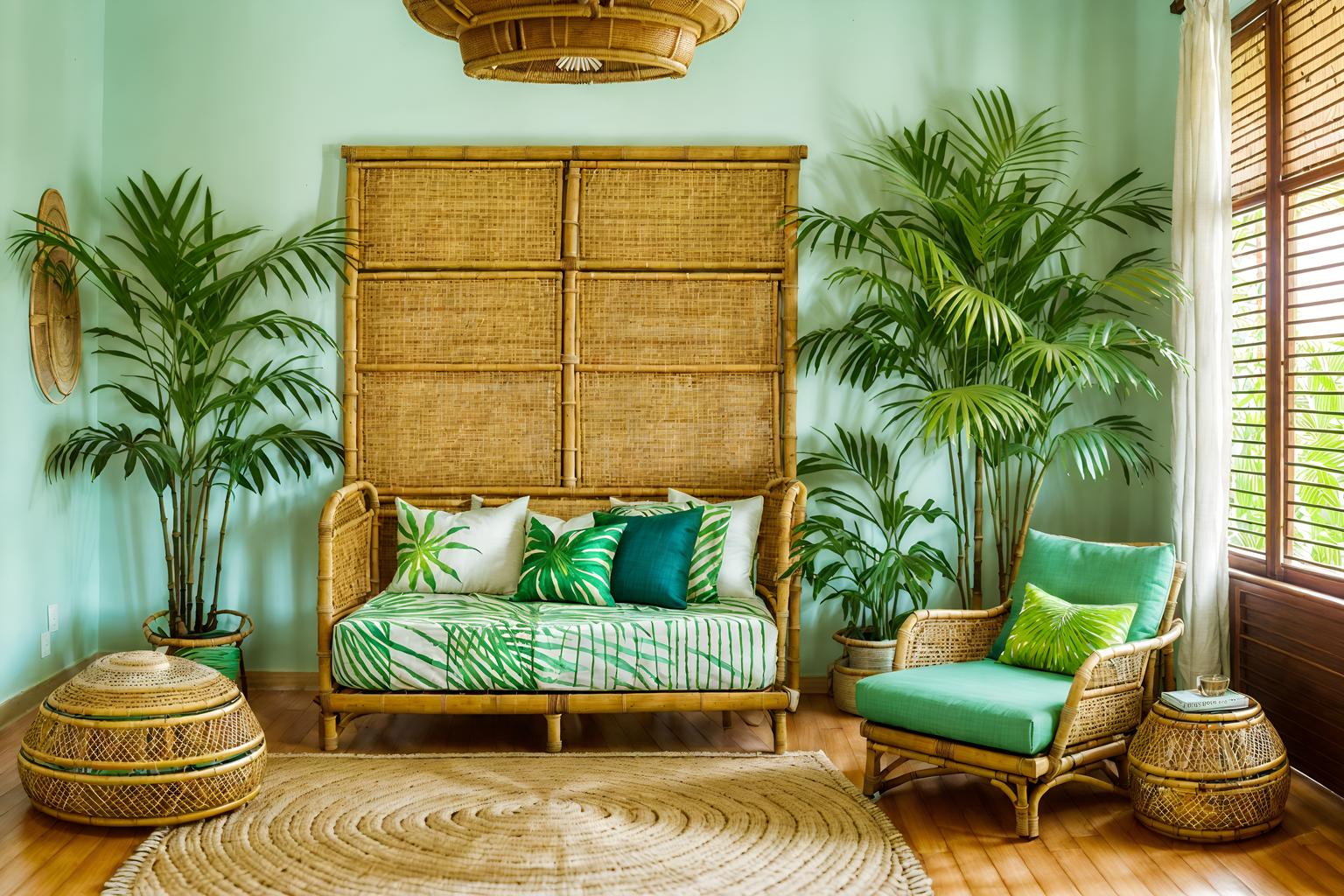 tropical-style (kids room interior) with headboard and accent chair and storage bench or ottoman and plant and bed and bedside table or night stand and night light and mirror. . with palm leaves and wicker and teak and cane motifs and rattan and lattice prints and palm trees and bamboo. . cinematic photo, highly detailed, cinematic lighting, ultra-detailed, ultrarealistic, photorealism, 8k. tropical interior design style. masterpiece, cinematic light, ultrarealistic+, photorealistic+, 8k, raw photo, realistic, sharp focus on eyes, (symmetrical eyes), (intact eyes), hyperrealistic, highest quality, best quality, , highly detailed, masterpiece, best quality, extremely detailed 8k wallpaper, masterpiece, best quality, ultra-detailed, best shadow, detailed background, detailed face, detailed eyes, high contrast, best illumination, detailed face, dulux, caustic, dynamic angle, detailed glow. dramatic lighting. highly detailed, insanely detailed hair, symmetrical, intricate details, professionally retouched, 8k high definition. strong bokeh. award winning photo.