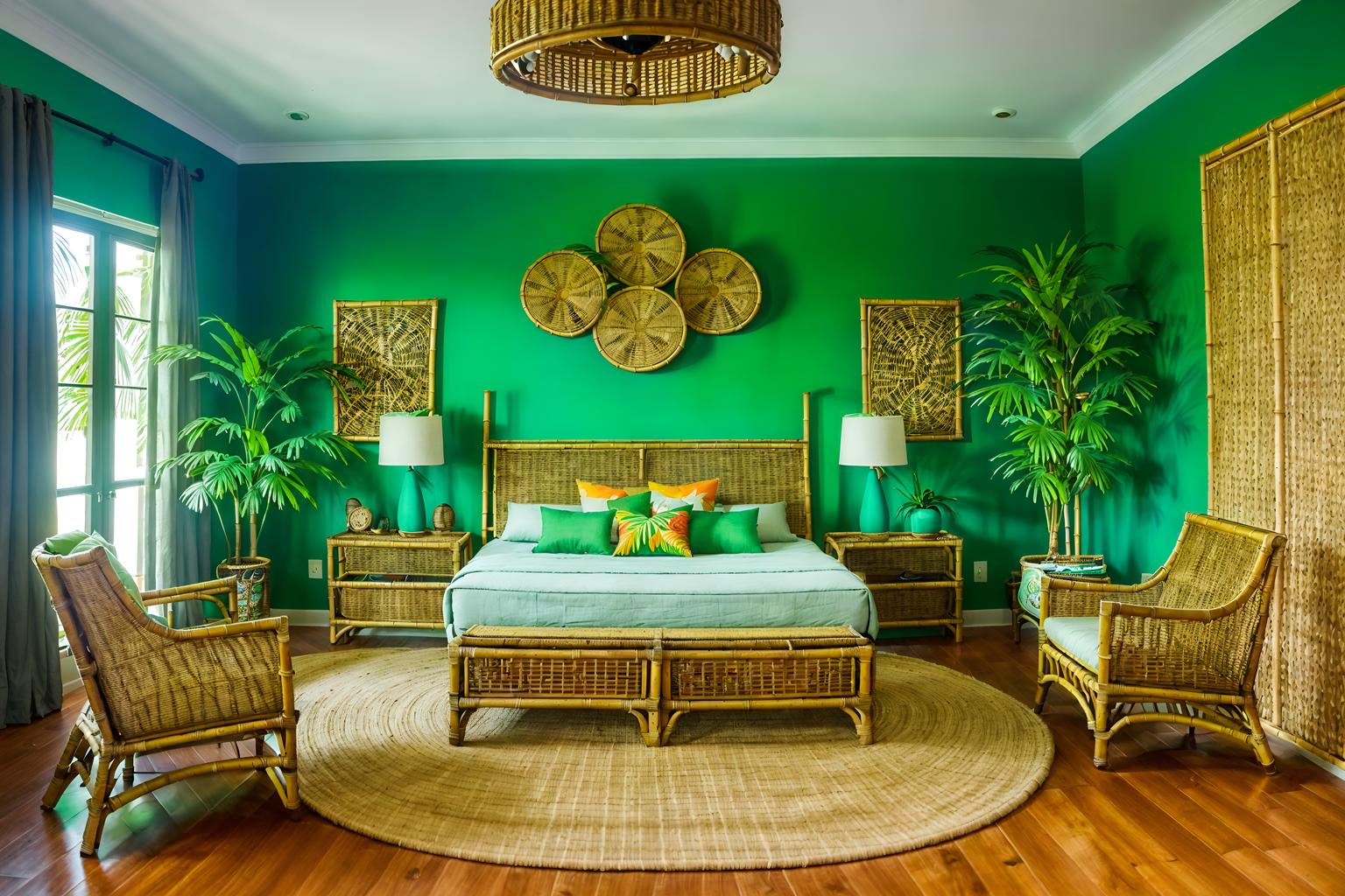 tropical-style (kids room interior) with headboard and accent chair and storage bench or ottoman and plant and bed and bedside table or night stand and night light and mirror. . with palm leaves and wicker and teak and cane motifs and rattan and lattice prints and palm trees and bamboo. . cinematic photo, highly detailed, cinematic lighting, ultra-detailed, ultrarealistic, photorealism, 8k. tropical interior design style. masterpiece, cinematic light, ultrarealistic+, photorealistic+, 8k, raw photo, realistic, sharp focus on eyes, (symmetrical eyes), (intact eyes), hyperrealistic, highest quality, best quality, , highly detailed, masterpiece, best quality, extremely detailed 8k wallpaper, masterpiece, best quality, ultra-detailed, best shadow, detailed background, detailed face, detailed eyes, high contrast, best illumination, detailed face, dulux, caustic, dynamic angle, detailed glow. dramatic lighting. highly detailed, insanely detailed hair, symmetrical, intricate details, professionally retouched, 8k high definition. strong bokeh. award winning photo.