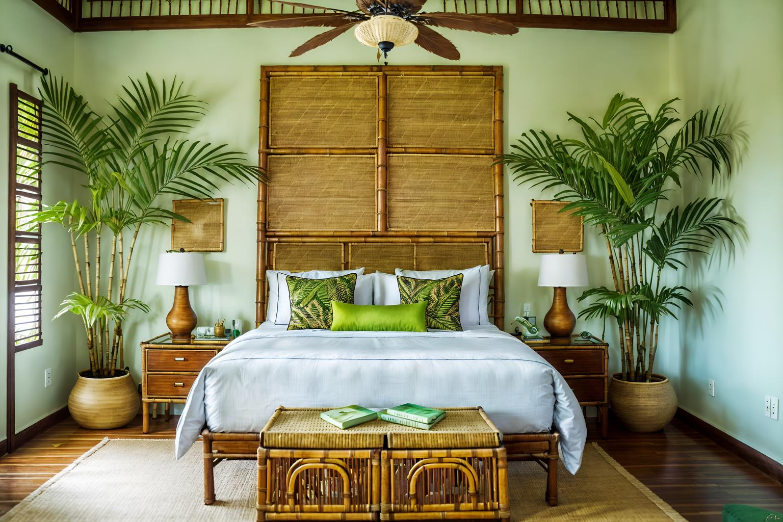 tropical-style (hotel room interior) with bedside table or night stand and accent chair and dresser closet and night light and headboard and storage bench or ottoman and working desk with desk chair and hotel bathroom. . with palm leaves and lattice prints and rattan and palm trees and cane motifs and teak and wicker and bamboo. . cinematic photo, highly detailed, cinematic lighting, ultra-detailed, ultrarealistic, photorealism, 8k. tropical interior design style. masterpiece, cinematic light, ultrarealistic+, photorealistic+, 8k, raw photo, realistic, sharp focus on eyes, (symmetrical eyes), (intact eyes), hyperrealistic, highest quality, best quality, , highly detailed, masterpiece, best quality, extremely detailed 8k wallpaper, masterpiece, best quality, ultra-detailed, best shadow, detailed background, detailed face, detailed eyes, high contrast, best illumination, detailed face, dulux, caustic, dynamic angle, detailed glow. dramatic lighting. highly detailed, insanely detailed hair, symmetrical, intricate details, professionally retouched, 8k high definition. strong bokeh. award winning photo.