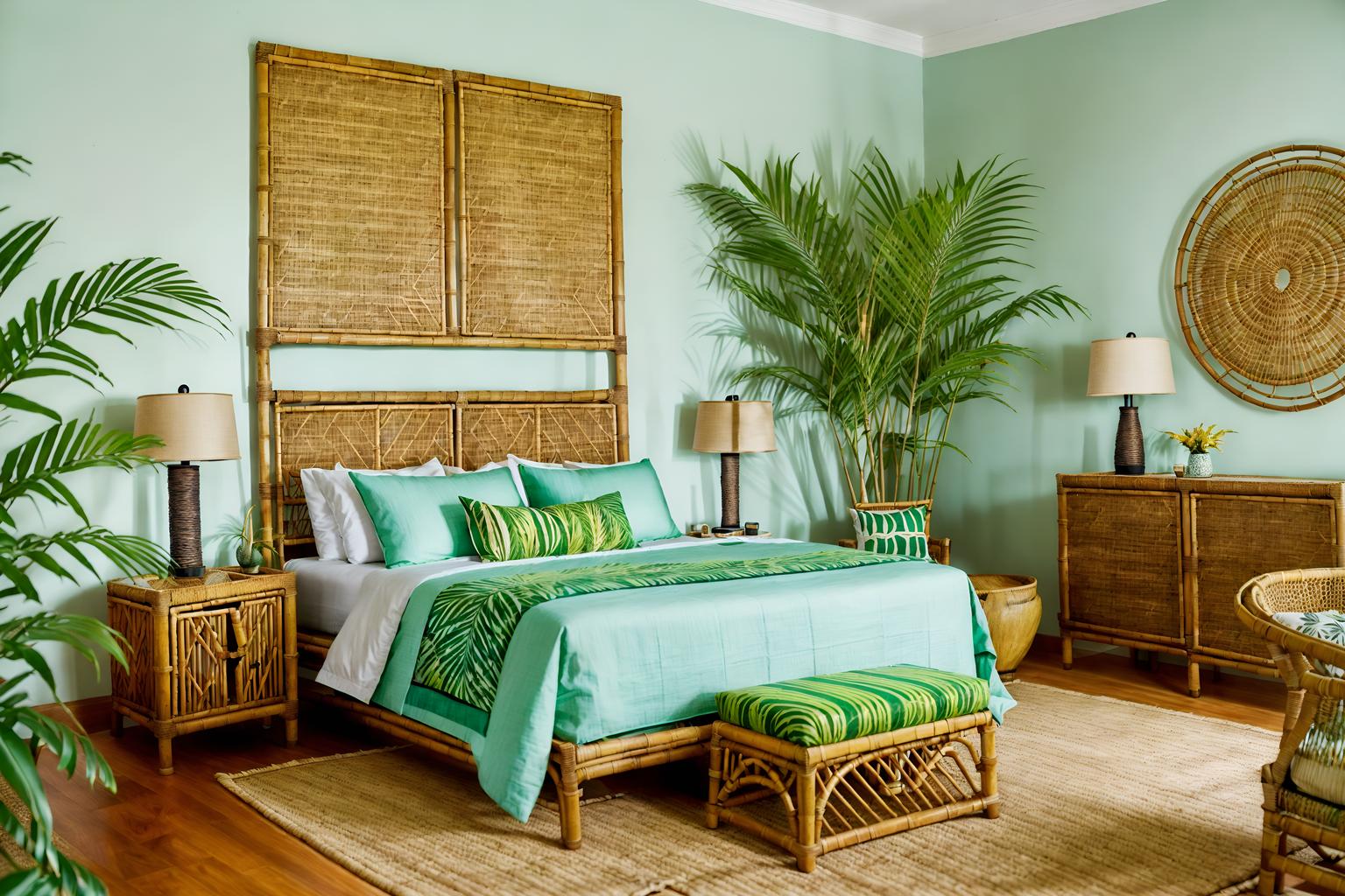 tropical-style (hotel room interior) with bedside table or night stand and accent chair and dresser closet and night light and headboard and storage bench or ottoman and working desk with desk chair and hotel bathroom. . with palm leaves and lattice prints and rattan and palm trees and cane motifs and teak and wicker and bamboo. . cinematic photo, highly detailed, cinematic lighting, ultra-detailed, ultrarealistic, photorealism, 8k. tropical interior design style. masterpiece, cinematic light, ultrarealistic+, photorealistic+, 8k, raw photo, realistic, sharp focus on eyes, (symmetrical eyes), (intact eyes), hyperrealistic, highest quality, best quality, , highly detailed, masterpiece, best quality, extremely detailed 8k wallpaper, masterpiece, best quality, ultra-detailed, best shadow, detailed background, detailed face, detailed eyes, high contrast, best illumination, detailed face, dulux, caustic, dynamic angle, detailed glow. dramatic lighting. highly detailed, insanely detailed hair, symmetrical, intricate details, professionally retouched, 8k high definition. strong bokeh. award winning photo.