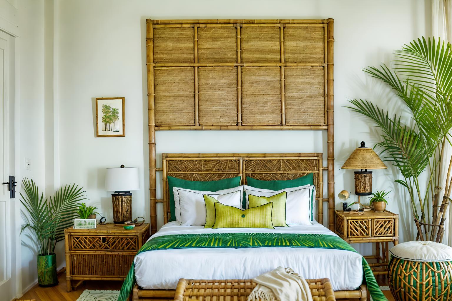 tropical-style (hotel room interior) with bedside table or night stand and accent chair and dresser closet and night light and headboard and storage bench or ottoman and working desk with desk chair and hotel bathroom. . with palm leaves and lattice prints and rattan and palm trees and cane motifs and teak and wicker and bamboo. . cinematic photo, highly detailed, cinematic lighting, ultra-detailed, ultrarealistic, photorealism, 8k. tropical interior design style. masterpiece, cinematic light, ultrarealistic+, photorealistic+, 8k, raw photo, realistic, sharp focus on eyes, (symmetrical eyes), (intact eyes), hyperrealistic, highest quality, best quality, , highly detailed, masterpiece, best quality, extremely detailed 8k wallpaper, masterpiece, best quality, ultra-detailed, best shadow, detailed background, detailed face, detailed eyes, high contrast, best illumination, detailed face, dulux, caustic, dynamic angle, detailed glow. dramatic lighting. highly detailed, insanely detailed hair, symmetrical, intricate details, professionally retouched, 8k high definition. strong bokeh. award winning photo.