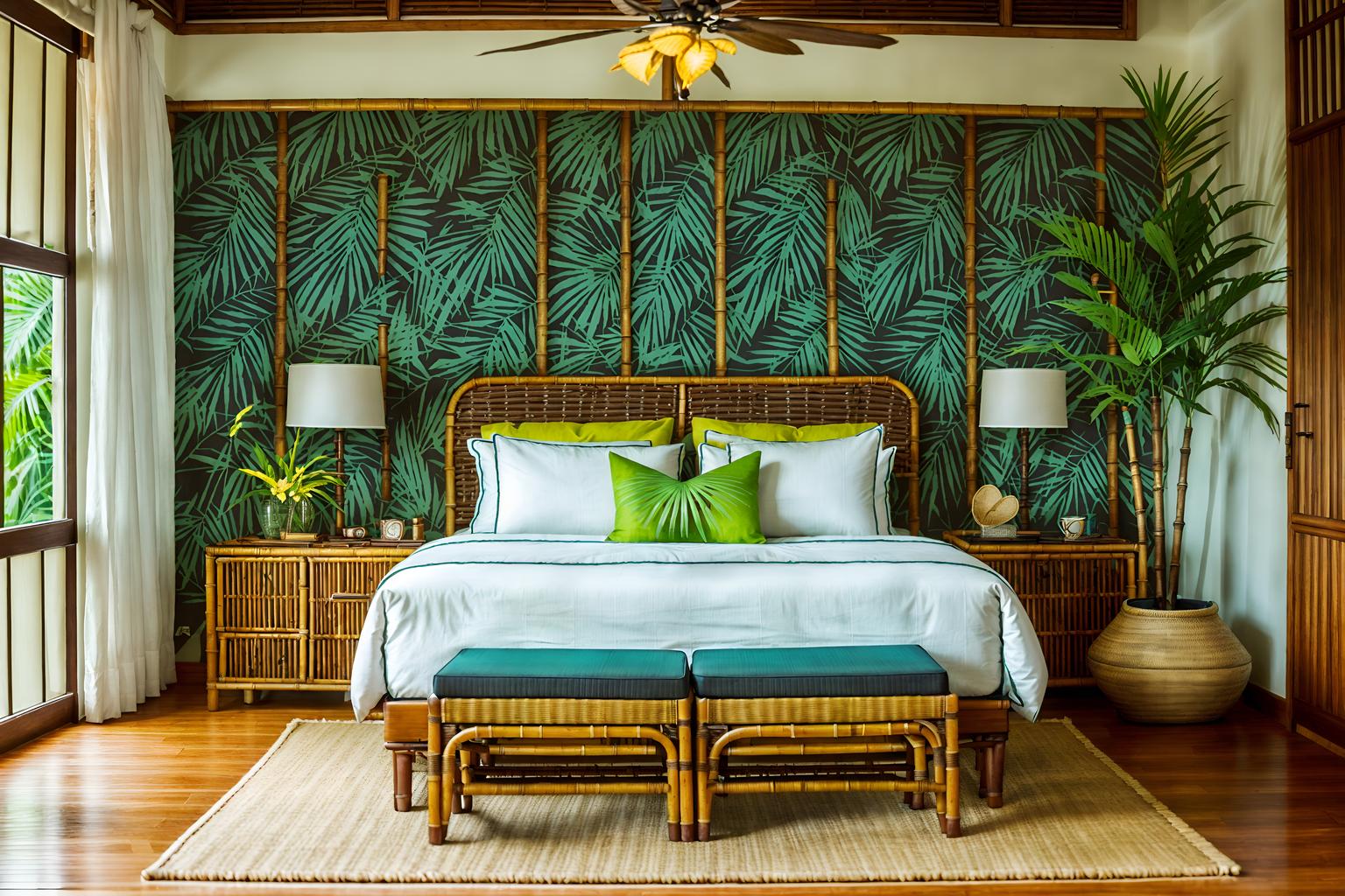 tropical-style (hotel room interior) with bedside table or night stand and accent chair and dresser closet and night light and headboard and storage bench or ottoman and working desk with desk chair and hotel bathroom. . with palm leaves and lattice prints and rattan and palm trees and cane motifs and teak and wicker and bamboo. . cinematic photo, highly detailed, cinematic lighting, ultra-detailed, ultrarealistic, photorealism, 8k. tropical interior design style. masterpiece, cinematic light, ultrarealistic+, photorealistic+, 8k, raw photo, realistic, sharp focus on eyes, (symmetrical eyes), (intact eyes), hyperrealistic, highest quality, best quality, , highly detailed, masterpiece, best quality, extremely detailed 8k wallpaper, masterpiece, best quality, ultra-detailed, best shadow, detailed background, detailed face, detailed eyes, high contrast, best illumination, detailed face, dulux, caustic, dynamic angle, detailed glow. dramatic lighting. highly detailed, insanely detailed hair, symmetrical, intricate details, professionally retouched, 8k high definition. strong bokeh. award winning photo.