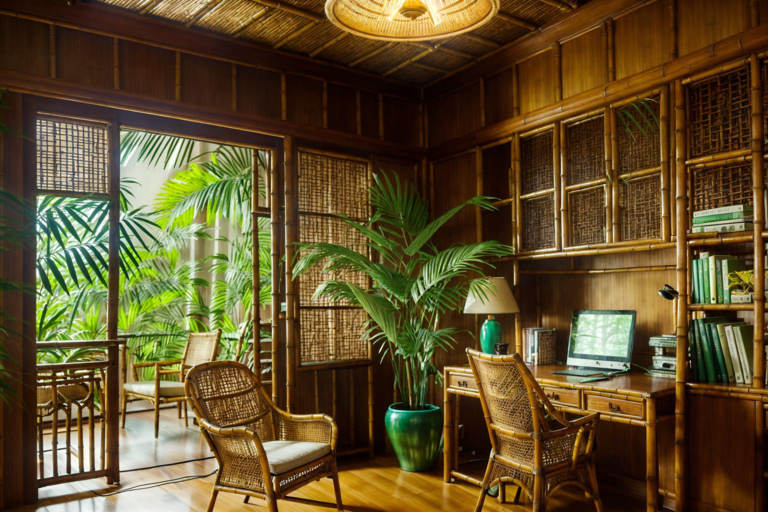 tropical-style (study room interior) with desk lamp and cabinets and bookshelves and writing desk and office chair and plant and lounge chair and desk lamp. . with bamboo and cane motifs and rattan and wicker and palm trees and teak and palm leaves and lattice prints. . cinematic photo, highly detailed, cinematic lighting, ultra-detailed, ultrarealistic, photorealism, 8k. tropical interior design style. masterpiece, cinematic light, ultrarealistic+, photorealistic+, 8k, raw photo, realistic, sharp focus on eyes, (symmetrical eyes), (intact eyes), hyperrealistic, highest quality, best quality, , highly detailed, masterpiece, best quality, extremely detailed 8k wallpaper, masterpiece, best quality, ultra-detailed, best shadow, detailed background, detailed face, detailed eyes, high contrast, best illumination, detailed face, dulux, caustic, dynamic angle, detailed glow. dramatic lighting. highly detailed, insanely detailed hair, symmetrical, intricate details, professionally retouched, 8k high definition. strong bokeh. award winning photo.