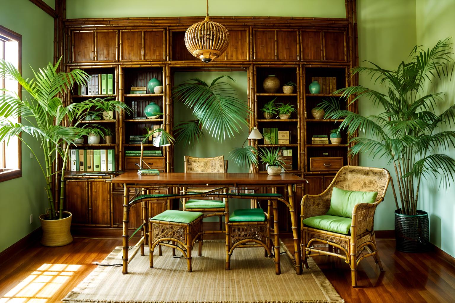 tropical-style (study room interior) with desk lamp and cabinets and bookshelves and writing desk and office chair and plant and lounge chair and desk lamp. . with bamboo and cane motifs and rattan and wicker and palm trees and teak and palm leaves and lattice prints. . cinematic photo, highly detailed, cinematic lighting, ultra-detailed, ultrarealistic, photorealism, 8k. tropical interior design style. masterpiece, cinematic light, ultrarealistic+, photorealistic+, 8k, raw photo, realistic, sharp focus on eyes, (symmetrical eyes), (intact eyes), hyperrealistic, highest quality, best quality, , highly detailed, masterpiece, best quality, extremely detailed 8k wallpaper, masterpiece, best quality, ultra-detailed, best shadow, detailed background, detailed face, detailed eyes, high contrast, best illumination, detailed face, dulux, caustic, dynamic angle, detailed glow. dramatic lighting. highly detailed, insanely detailed hair, symmetrical, intricate details, professionally retouched, 8k high definition. strong bokeh. award winning photo.