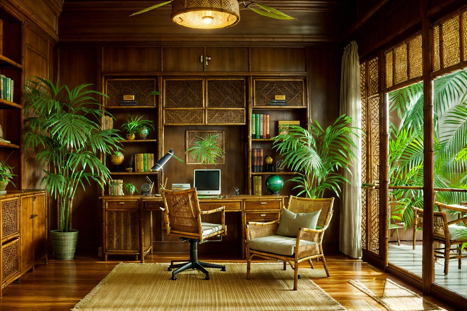 tropical-style (study room interior) with desk lamp and cabinets and bookshelves and writing desk and office chair and plant and lounge chair and desk lamp. . with bamboo and cane motifs and rattan and wicker and palm trees and teak and palm leaves and lattice prints. . cinematic photo, highly detailed, cinematic lighting, ultra-detailed, ultrarealistic, photorealism, 8k. tropical interior design style. masterpiece, cinematic light, ultrarealistic+, photorealistic+, 8k, raw photo, realistic, sharp focus on eyes, (symmetrical eyes), (intact eyes), hyperrealistic, highest quality, best quality, , highly detailed, masterpiece, best quality, extremely detailed 8k wallpaper, masterpiece, best quality, ultra-detailed, best shadow, detailed background, detailed face, detailed eyes, high contrast, best illumination, detailed face, dulux, caustic, dynamic angle, detailed glow. dramatic lighting. highly detailed, insanely detailed hair, symmetrical, intricate details, professionally retouched, 8k high definition. strong bokeh. award winning photo.