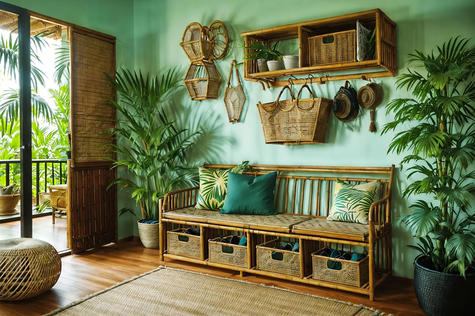 tropical-style (drop zone interior) with wall hooks for coats and a bench and storage drawers and high up storage and cubbies and cabinets and storage baskets and shelves for shoes. . with teak and palm trees and rattan and bamboo and cane motifs and palm leaves and wicker and lattice prints. . cinematic photo, highly detailed, cinematic lighting, ultra-detailed, ultrarealistic, photorealism, 8k. tropical interior design style. masterpiece, cinematic light, ultrarealistic+, photorealistic+, 8k, raw photo, realistic, sharp focus on eyes, (symmetrical eyes), (intact eyes), hyperrealistic, highest quality, best quality, , highly detailed, masterpiece, best quality, extremely detailed 8k wallpaper, masterpiece, best quality, ultra-detailed, best shadow, detailed background, detailed face, detailed eyes, high contrast, best illumination, detailed face, dulux, caustic, dynamic angle, detailed glow. dramatic lighting. highly detailed, insanely detailed hair, symmetrical, intricate details, professionally retouched, 8k high definition. strong bokeh. award winning photo.