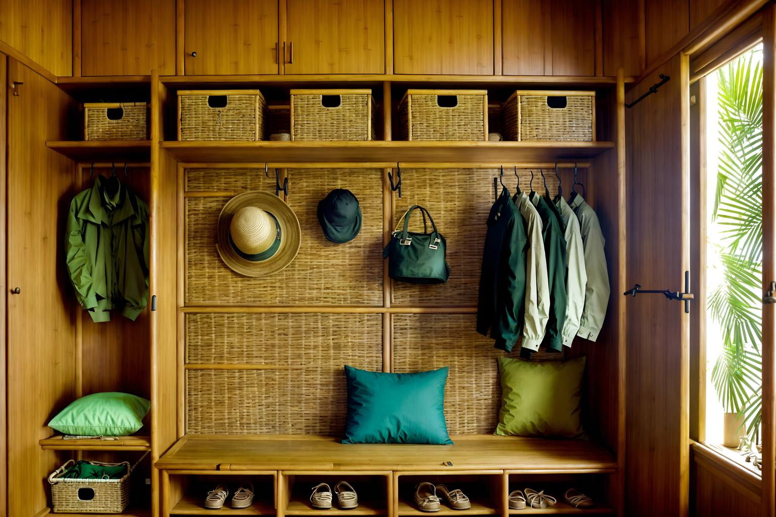 tropical-style (drop zone interior) with wall hooks for coats and a bench and storage drawers and high up storage and cubbies and cabinets and storage baskets and shelves for shoes. . with teak and palm trees and rattan and bamboo and cane motifs and palm leaves and wicker and lattice prints. . cinematic photo, highly detailed, cinematic lighting, ultra-detailed, ultrarealistic, photorealism, 8k. tropical interior design style. masterpiece, cinematic light, ultrarealistic+, photorealistic+, 8k, raw photo, realistic, sharp focus on eyes, (symmetrical eyes), (intact eyes), hyperrealistic, highest quality, best quality, , highly detailed, masterpiece, best quality, extremely detailed 8k wallpaper, masterpiece, best quality, ultra-detailed, best shadow, detailed background, detailed face, detailed eyes, high contrast, best illumination, detailed face, dulux, caustic, dynamic angle, detailed glow. dramatic lighting. highly detailed, insanely detailed hair, symmetrical, intricate details, professionally retouched, 8k high definition. strong bokeh. award winning photo.