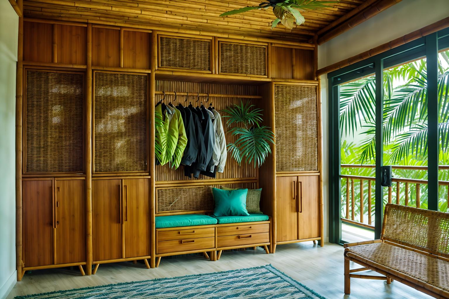 tropical-style (drop zone interior) with wall hooks for coats and a bench and storage drawers and high up storage and cubbies and cabinets and storage baskets and shelves for shoes. . with teak and palm trees and rattan and bamboo and cane motifs and palm leaves and wicker and lattice prints. . cinematic photo, highly detailed, cinematic lighting, ultra-detailed, ultrarealistic, photorealism, 8k. tropical interior design style. masterpiece, cinematic light, ultrarealistic+, photorealistic+, 8k, raw photo, realistic, sharp focus on eyes, (symmetrical eyes), (intact eyes), hyperrealistic, highest quality, best quality, , highly detailed, masterpiece, best quality, extremely detailed 8k wallpaper, masterpiece, best quality, ultra-detailed, best shadow, detailed background, detailed face, detailed eyes, high contrast, best illumination, detailed face, dulux, caustic, dynamic angle, detailed glow. dramatic lighting. highly detailed, insanely detailed hair, symmetrical, intricate details, professionally retouched, 8k high definition. strong bokeh. award winning photo.