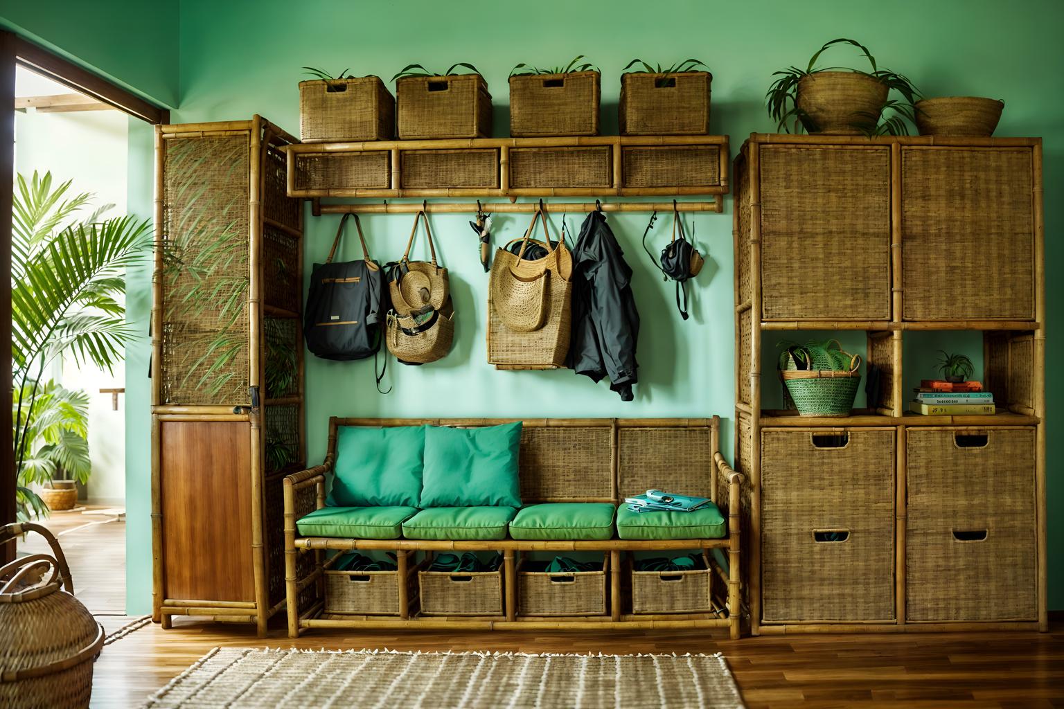 tropical-style (drop zone interior) with wall hooks for coats and a bench and storage drawers and high up storage and cubbies and cabinets and storage baskets and shelves for shoes. . with teak and palm trees and rattan and bamboo and cane motifs and palm leaves and wicker and lattice prints. . cinematic photo, highly detailed, cinematic lighting, ultra-detailed, ultrarealistic, photorealism, 8k. tropical interior design style. masterpiece, cinematic light, ultrarealistic+, photorealistic+, 8k, raw photo, realistic, sharp focus on eyes, (symmetrical eyes), (intact eyes), hyperrealistic, highest quality, best quality, , highly detailed, masterpiece, best quality, extremely detailed 8k wallpaper, masterpiece, best quality, ultra-detailed, best shadow, detailed background, detailed face, detailed eyes, high contrast, best illumination, detailed face, dulux, caustic, dynamic angle, detailed glow. dramatic lighting. highly detailed, insanely detailed hair, symmetrical, intricate details, professionally retouched, 8k high definition. strong bokeh. award winning photo.