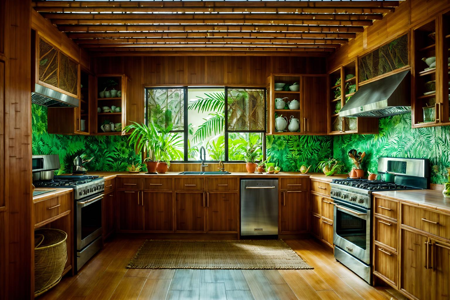 tropical-style (kitchen interior) with stove and refrigerator and plant and kitchen cabinets and sink and worktops and stove. . with palm leaves and bamboo and teak and rattan and palm trees and wicker and cane motifs and lattice prints. . cinematic photo, highly detailed, cinematic lighting, ultra-detailed, ultrarealistic, photorealism, 8k. tropical interior design style. masterpiece, cinematic light, ultrarealistic+, photorealistic+, 8k, raw photo, realistic, sharp focus on eyes, (symmetrical eyes), (intact eyes), hyperrealistic, highest quality, best quality, , highly detailed, masterpiece, best quality, extremely detailed 8k wallpaper, masterpiece, best quality, ultra-detailed, best shadow, detailed background, detailed face, detailed eyes, high contrast, best illumination, detailed face, dulux, caustic, dynamic angle, detailed glow. dramatic lighting. highly detailed, insanely detailed hair, symmetrical, intricate details, professionally retouched, 8k high definition. strong bokeh. award winning photo.