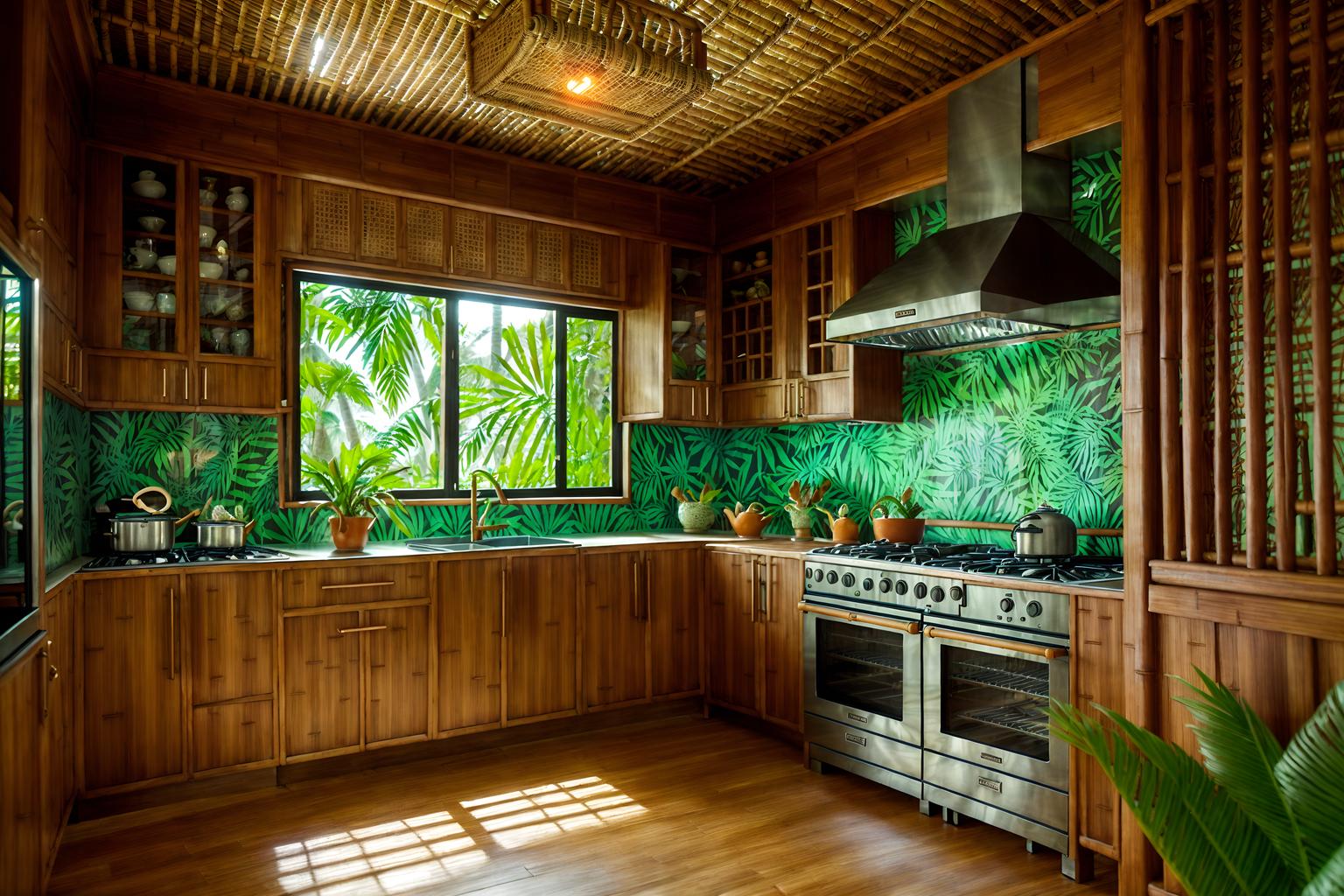 tropical-style (kitchen interior) with stove and refrigerator and plant and kitchen cabinets and sink and worktops and stove. . with palm leaves and bamboo and teak and rattan and palm trees and wicker and cane motifs and lattice prints. . cinematic photo, highly detailed, cinematic lighting, ultra-detailed, ultrarealistic, photorealism, 8k. tropical interior design style. masterpiece, cinematic light, ultrarealistic+, photorealistic+, 8k, raw photo, realistic, sharp focus on eyes, (symmetrical eyes), (intact eyes), hyperrealistic, highest quality, best quality, , highly detailed, masterpiece, best quality, extremely detailed 8k wallpaper, masterpiece, best quality, ultra-detailed, best shadow, detailed background, detailed face, detailed eyes, high contrast, best illumination, detailed face, dulux, caustic, dynamic angle, detailed glow. dramatic lighting. highly detailed, insanely detailed hair, symmetrical, intricate details, professionally retouched, 8k high definition. strong bokeh. award winning photo.