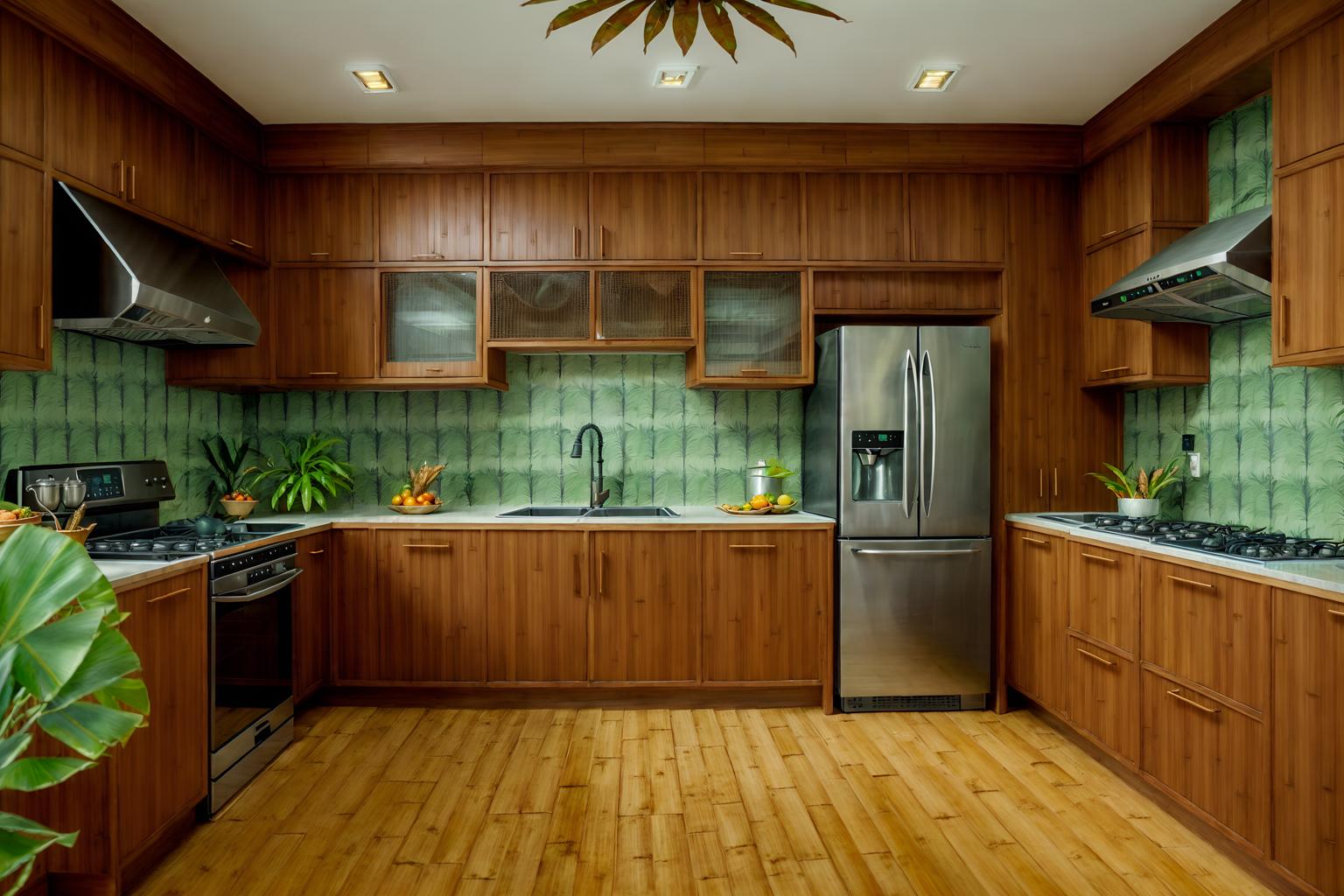 tropical-style (kitchen interior) with stove and refrigerator and plant and kitchen cabinets and sink and worktops and stove. . with palm leaves and bamboo and teak and rattan and palm trees and wicker and cane motifs and lattice prints. . cinematic photo, highly detailed, cinematic lighting, ultra-detailed, ultrarealistic, photorealism, 8k. tropical interior design style. masterpiece, cinematic light, ultrarealistic+, photorealistic+, 8k, raw photo, realistic, sharp focus on eyes, (symmetrical eyes), (intact eyes), hyperrealistic, highest quality, best quality, , highly detailed, masterpiece, best quality, extremely detailed 8k wallpaper, masterpiece, best quality, ultra-detailed, best shadow, detailed background, detailed face, detailed eyes, high contrast, best illumination, detailed face, dulux, caustic, dynamic angle, detailed glow. dramatic lighting. highly detailed, insanely detailed hair, symmetrical, intricate details, professionally retouched, 8k high definition. strong bokeh. award winning photo.