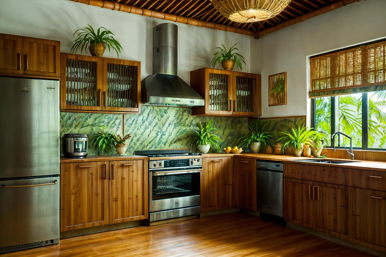 tropical-style (kitchen interior) with stove and refrigerator and plant and kitchen cabinets and sink and worktops and stove. . with palm leaves and bamboo and teak and rattan and palm trees and wicker and cane motifs and lattice prints. . cinematic photo, highly detailed, cinematic lighting, ultra-detailed, ultrarealistic, photorealism, 8k. tropical interior design style. masterpiece, cinematic light, ultrarealistic+, photorealistic+, 8k, raw photo, realistic, sharp focus on eyes, (symmetrical eyes), (intact eyes), hyperrealistic, highest quality, best quality, , highly detailed, masterpiece, best quality, extremely detailed 8k wallpaper, masterpiece, best quality, ultra-detailed, best shadow, detailed background, detailed face, detailed eyes, high contrast, best illumination, detailed face, dulux, caustic, dynamic angle, detailed glow. dramatic lighting. highly detailed, insanely detailed hair, symmetrical, intricate details, professionally retouched, 8k high definition. strong bokeh. award winning photo.