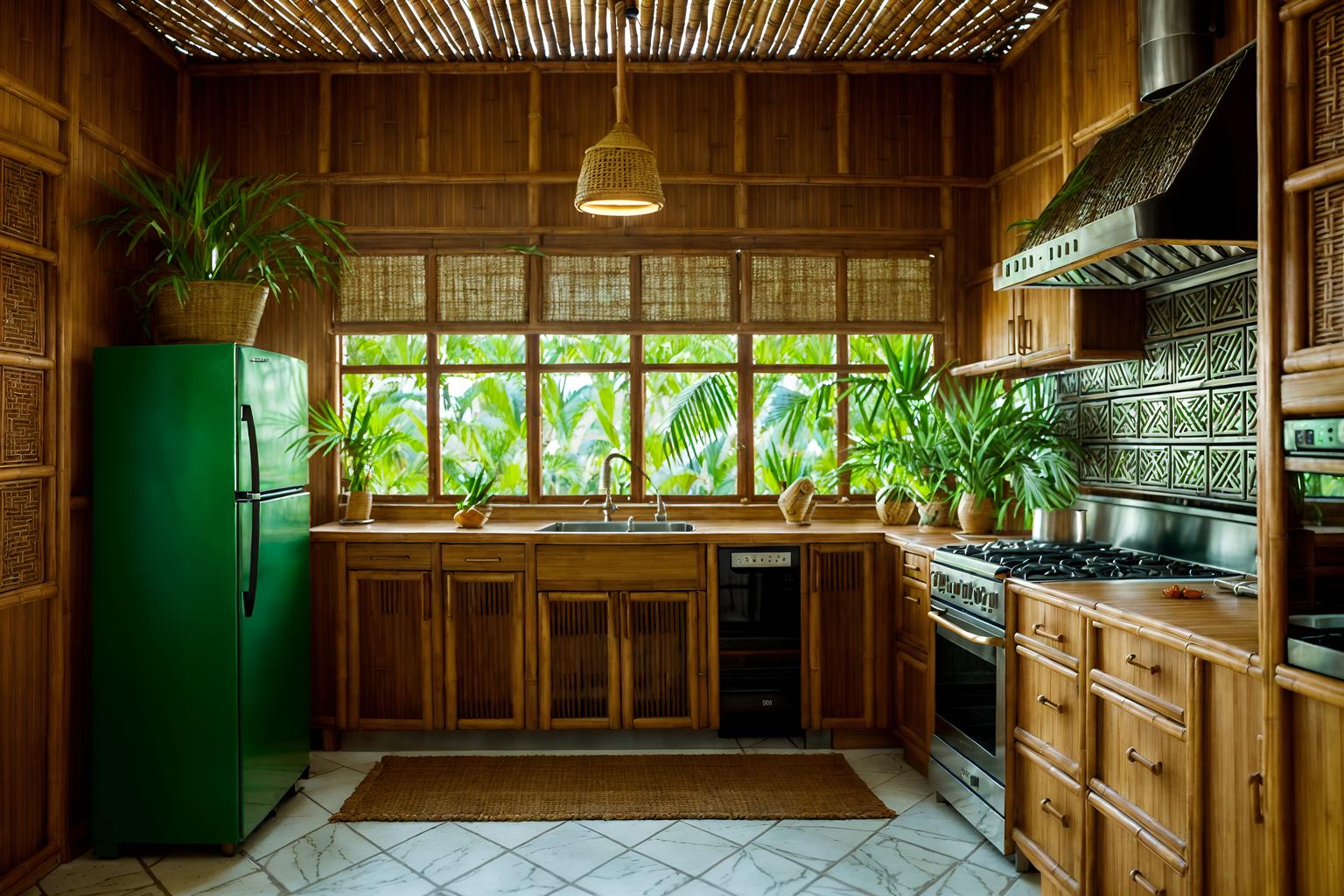 tropical-style (kitchen interior) with stove and refrigerator and plant and kitchen cabinets and sink and worktops and stove. . with palm leaves and bamboo and teak and rattan and palm trees and wicker and cane motifs and lattice prints. . cinematic photo, highly detailed, cinematic lighting, ultra-detailed, ultrarealistic, photorealism, 8k. tropical interior design style. masterpiece, cinematic light, ultrarealistic+, photorealistic+, 8k, raw photo, realistic, sharp focus on eyes, (symmetrical eyes), (intact eyes), hyperrealistic, highest quality, best quality, , highly detailed, masterpiece, best quality, extremely detailed 8k wallpaper, masterpiece, best quality, ultra-detailed, best shadow, detailed background, detailed face, detailed eyes, high contrast, best illumination, detailed face, dulux, caustic, dynamic angle, detailed glow. dramatic lighting. highly detailed, insanely detailed hair, symmetrical, intricate details, professionally retouched, 8k high definition. strong bokeh. award winning photo.