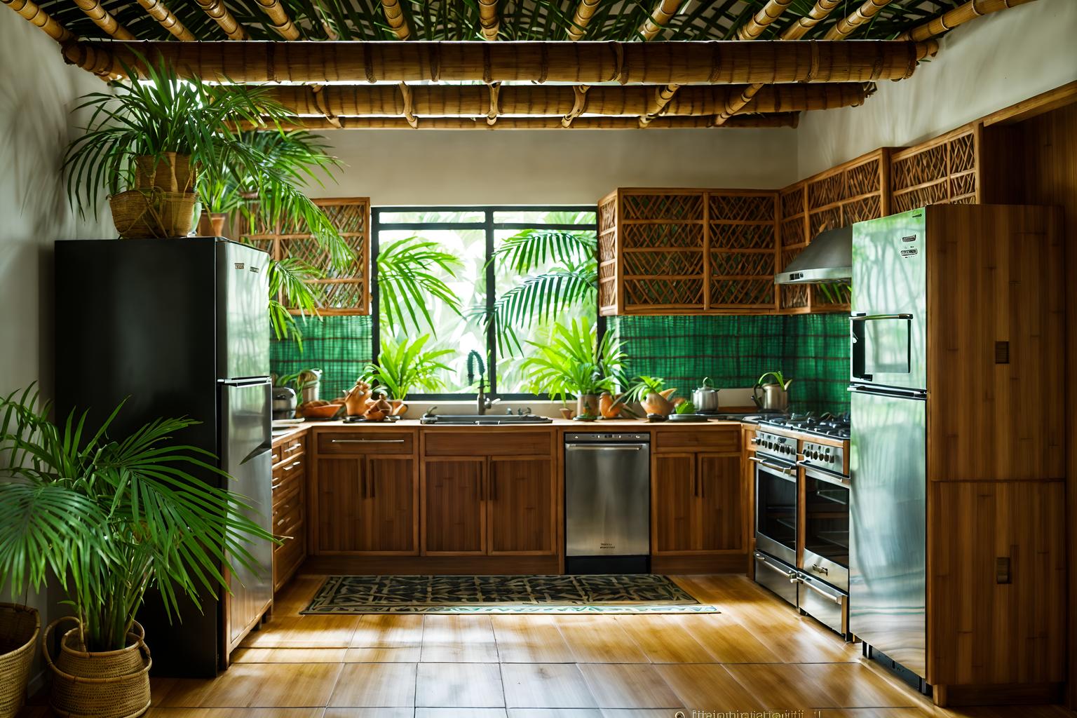 tropical-style (kitchen interior) with stove and refrigerator and plant and kitchen cabinets and sink and worktops and stove. . with palm leaves and bamboo and teak and rattan and palm trees and wicker and cane motifs and lattice prints. . cinematic photo, highly detailed, cinematic lighting, ultra-detailed, ultrarealistic, photorealism, 8k. tropical interior design style. masterpiece, cinematic light, ultrarealistic+, photorealistic+, 8k, raw photo, realistic, sharp focus on eyes, (symmetrical eyes), (intact eyes), hyperrealistic, highest quality, best quality, , highly detailed, masterpiece, best quality, extremely detailed 8k wallpaper, masterpiece, best quality, ultra-detailed, best shadow, detailed background, detailed face, detailed eyes, high contrast, best illumination, detailed face, dulux, caustic, dynamic angle, detailed glow. dramatic lighting. highly detailed, insanely detailed hair, symmetrical, intricate details, professionally retouched, 8k high definition. strong bokeh. award winning photo.