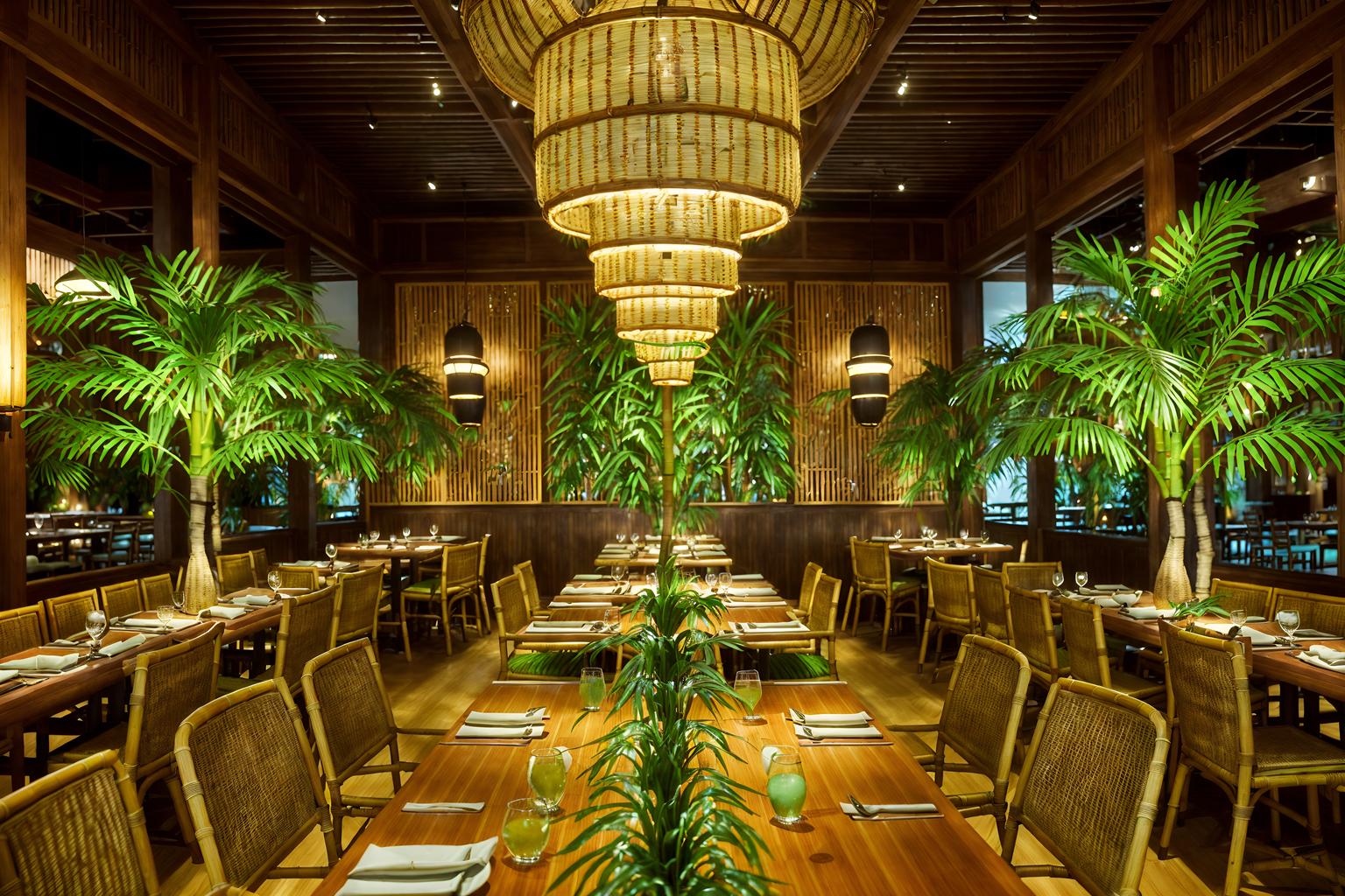 tropical-style (restaurant interior) with restaurant dining tables and restaurant decor and restaurant bar and restaurant chairs and restaurant dining tables. . with wicker and cane motifs and teak and palm trees and bamboo and palm leaves and rattan and lattice prints. . cinematic photo, highly detailed, cinematic lighting, ultra-detailed, ultrarealistic, photorealism, 8k. tropical interior design style. masterpiece, cinematic light, ultrarealistic+, photorealistic+, 8k, raw photo, realistic, sharp focus on eyes, (symmetrical eyes), (intact eyes), hyperrealistic, highest quality, best quality, , highly detailed, masterpiece, best quality, extremely detailed 8k wallpaper, masterpiece, best quality, ultra-detailed, best shadow, detailed background, detailed face, detailed eyes, high contrast, best illumination, detailed face, dulux, caustic, dynamic angle, detailed glow. dramatic lighting. highly detailed, insanely detailed hair, symmetrical, intricate details, professionally retouched, 8k high definition. strong bokeh. award winning photo.