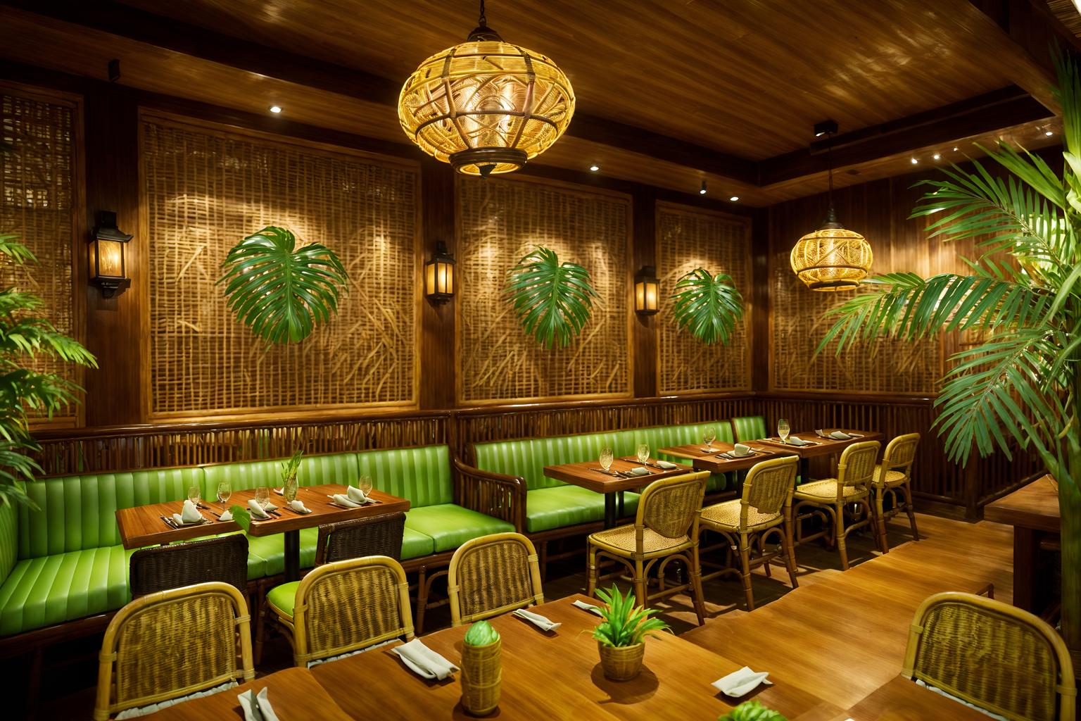 tropical-style (restaurant interior) with restaurant dining tables and restaurant decor and restaurant bar and restaurant chairs and restaurant dining tables. . with wicker and cane motifs and teak and palm trees and bamboo and palm leaves and rattan and lattice prints. . cinematic photo, highly detailed, cinematic lighting, ultra-detailed, ultrarealistic, photorealism, 8k. tropical interior design style. masterpiece, cinematic light, ultrarealistic+, photorealistic+, 8k, raw photo, realistic, sharp focus on eyes, (symmetrical eyes), (intact eyes), hyperrealistic, highest quality, best quality, , highly detailed, masterpiece, best quality, extremely detailed 8k wallpaper, masterpiece, best quality, ultra-detailed, best shadow, detailed background, detailed face, detailed eyes, high contrast, best illumination, detailed face, dulux, caustic, dynamic angle, detailed glow. dramatic lighting. highly detailed, insanely detailed hair, symmetrical, intricate details, professionally retouched, 8k high definition. strong bokeh. award winning photo.