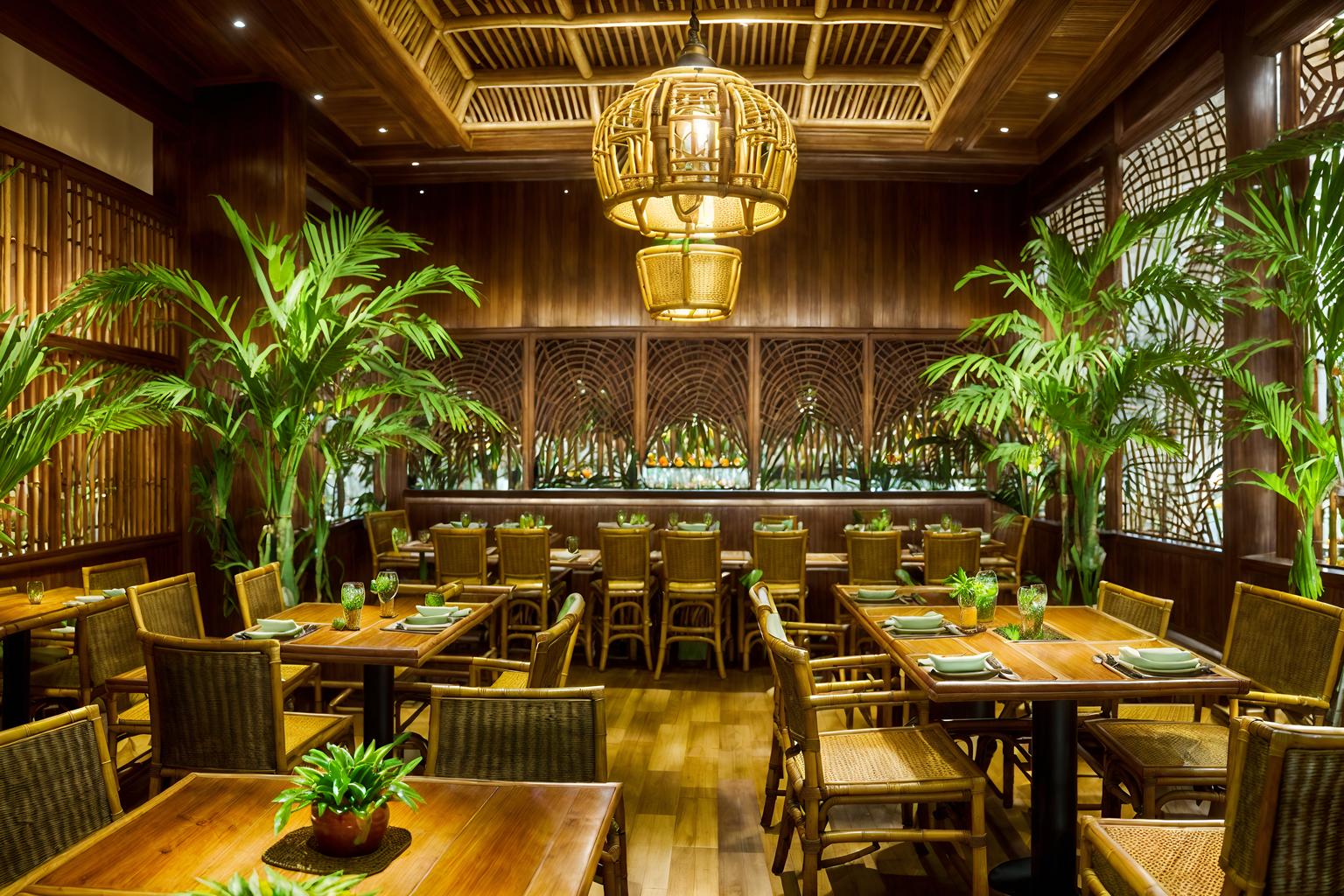 tropical-style (restaurant interior) with restaurant dining tables and restaurant decor and restaurant bar and restaurant chairs and restaurant dining tables. . with wicker and cane motifs and teak and palm trees and bamboo and palm leaves and rattan and lattice prints. . cinematic photo, highly detailed, cinematic lighting, ultra-detailed, ultrarealistic, photorealism, 8k. tropical interior design style. masterpiece, cinematic light, ultrarealistic+, photorealistic+, 8k, raw photo, realistic, sharp focus on eyes, (symmetrical eyes), (intact eyes), hyperrealistic, highest quality, best quality, , highly detailed, masterpiece, best quality, extremely detailed 8k wallpaper, masterpiece, best quality, ultra-detailed, best shadow, detailed background, detailed face, detailed eyes, high contrast, best illumination, detailed face, dulux, caustic, dynamic angle, detailed glow. dramatic lighting. highly detailed, insanely detailed hair, symmetrical, intricate details, professionally retouched, 8k high definition. strong bokeh. award winning photo.