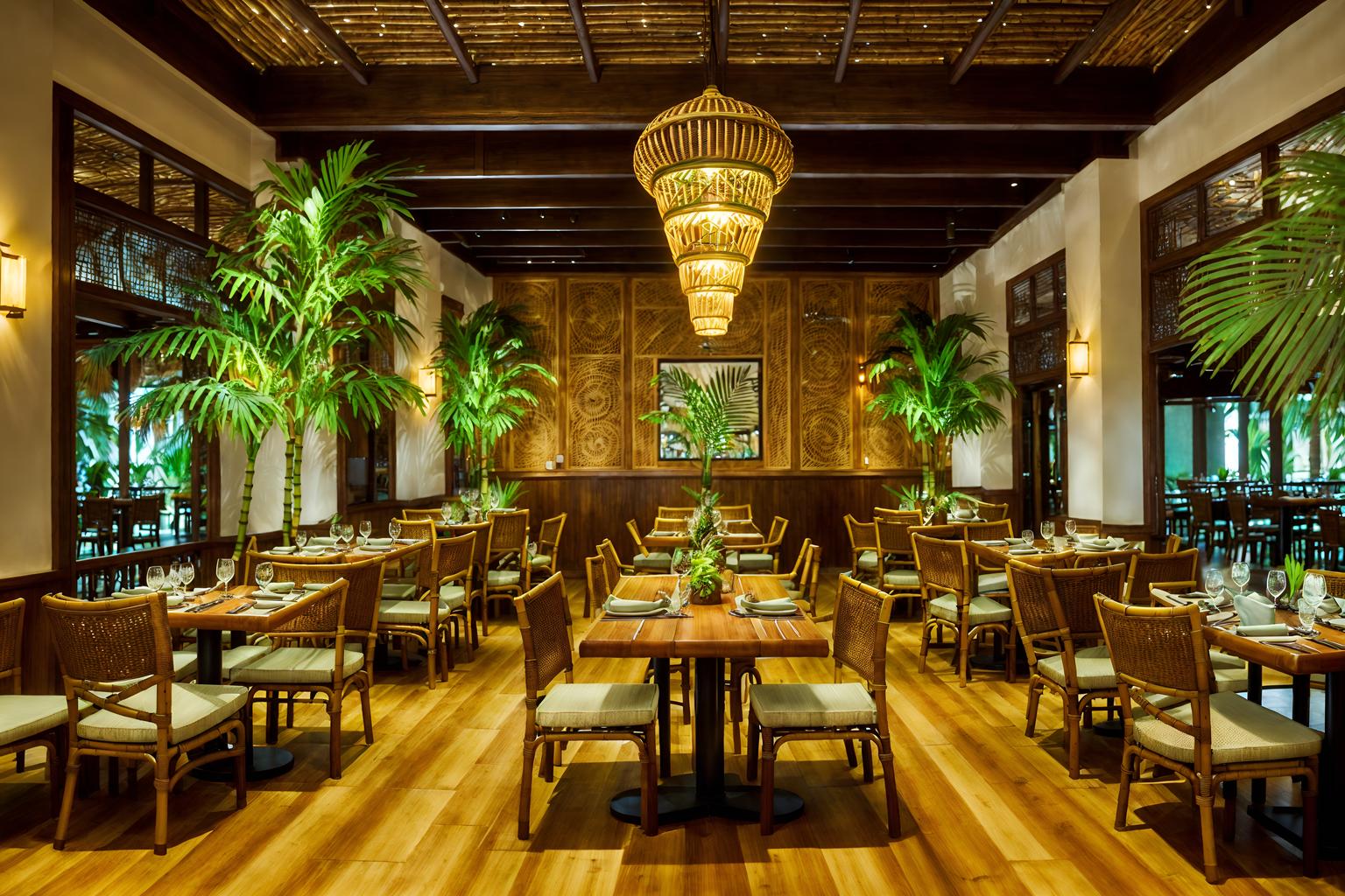 tropical-style (restaurant interior) with restaurant dining tables and restaurant decor and restaurant bar and restaurant chairs and restaurant dining tables. . with wicker and cane motifs and teak and palm trees and bamboo and palm leaves and rattan and lattice prints. . cinematic photo, highly detailed, cinematic lighting, ultra-detailed, ultrarealistic, photorealism, 8k. tropical interior design style. masterpiece, cinematic light, ultrarealistic+, photorealistic+, 8k, raw photo, realistic, sharp focus on eyes, (symmetrical eyes), (intact eyes), hyperrealistic, highest quality, best quality, , highly detailed, masterpiece, best quality, extremely detailed 8k wallpaper, masterpiece, best quality, ultra-detailed, best shadow, detailed background, detailed face, detailed eyes, high contrast, best illumination, detailed face, dulux, caustic, dynamic angle, detailed glow. dramatic lighting. highly detailed, insanely detailed hair, symmetrical, intricate details, professionally retouched, 8k high definition. strong bokeh. award winning photo.