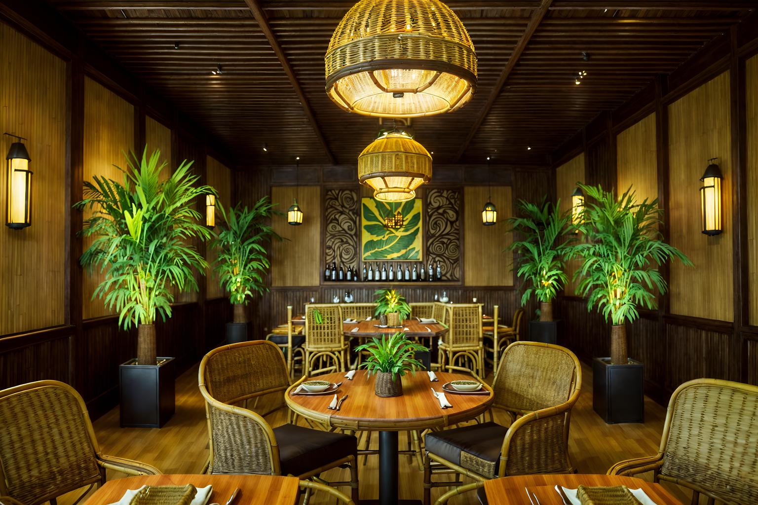 tropical-style (restaurant interior) with restaurant dining tables and restaurant decor and restaurant bar and restaurant chairs and restaurant dining tables. . with wicker and cane motifs and teak and palm trees and bamboo and palm leaves and rattan and lattice prints. . cinematic photo, highly detailed, cinematic lighting, ultra-detailed, ultrarealistic, photorealism, 8k. tropical interior design style. masterpiece, cinematic light, ultrarealistic+, photorealistic+, 8k, raw photo, realistic, sharp focus on eyes, (symmetrical eyes), (intact eyes), hyperrealistic, highest quality, best quality, , highly detailed, masterpiece, best quality, extremely detailed 8k wallpaper, masterpiece, best quality, ultra-detailed, best shadow, detailed background, detailed face, detailed eyes, high contrast, best illumination, detailed face, dulux, caustic, dynamic angle, detailed glow. dramatic lighting. highly detailed, insanely detailed hair, symmetrical, intricate details, professionally retouched, 8k high definition. strong bokeh. award winning photo.