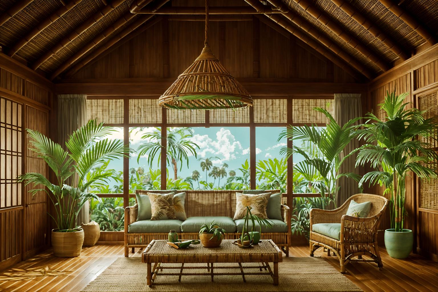 tropical-style (attic interior) . with palm trees and teak and wicker and palm leaves and lattice prints and bamboo and cane motifs and rattan. . cinematic photo, highly detailed, cinematic lighting, ultra-detailed, ultrarealistic, photorealism, 8k. tropical interior design style. masterpiece, cinematic light, ultrarealistic+, photorealistic+, 8k, raw photo, realistic, sharp focus on eyes, (symmetrical eyes), (intact eyes), hyperrealistic, highest quality, best quality, , highly detailed, masterpiece, best quality, extremely detailed 8k wallpaper, masterpiece, best quality, ultra-detailed, best shadow, detailed background, detailed face, detailed eyes, high contrast, best illumination, detailed face, dulux, caustic, dynamic angle, detailed glow. dramatic lighting. highly detailed, insanely detailed hair, symmetrical, intricate details, professionally retouched, 8k high definition. strong bokeh. award winning photo.