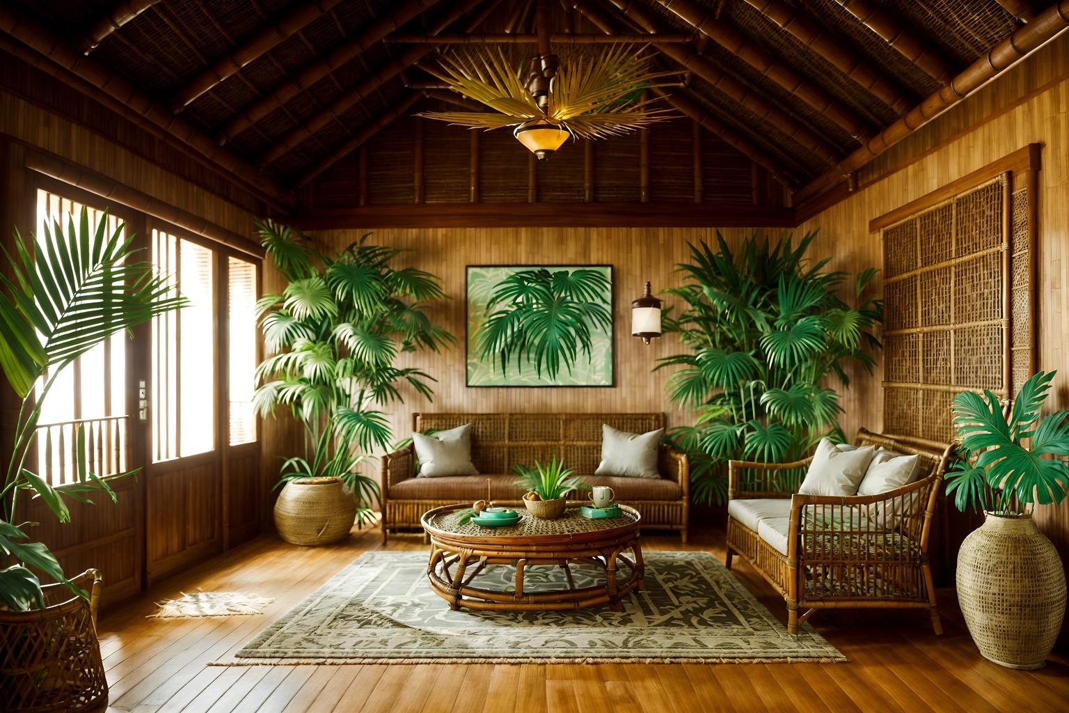 tropical-style (attic interior) . with palm trees and teak and wicker and palm leaves and lattice prints and bamboo and cane motifs and rattan. . cinematic photo, highly detailed, cinematic lighting, ultra-detailed, ultrarealistic, photorealism, 8k. tropical interior design style. masterpiece, cinematic light, ultrarealistic+, photorealistic+, 8k, raw photo, realistic, sharp focus on eyes, (symmetrical eyes), (intact eyes), hyperrealistic, highest quality, best quality, , highly detailed, masterpiece, best quality, extremely detailed 8k wallpaper, masterpiece, best quality, ultra-detailed, best shadow, detailed background, detailed face, detailed eyes, high contrast, best illumination, detailed face, dulux, caustic, dynamic angle, detailed glow. dramatic lighting. highly detailed, insanely detailed hair, symmetrical, intricate details, professionally retouched, 8k high definition. strong bokeh. award winning photo.