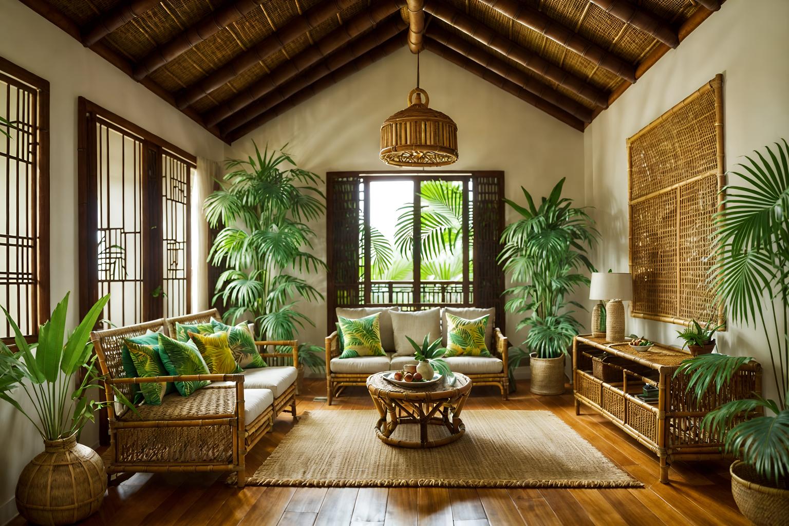 tropical-style (attic interior) . with palm trees and teak and wicker and palm leaves and lattice prints and bamboo and cane motifs and rattan. . cinematic photo, highly detailed, cinematic lighting, ultra-detailed, ultrarealistic, photorealism, 8k. tropical interior design style. masterpiece, cinematic light, ultrarealistic+, photorealistic+, 8k, raw photo, realistic, sharp focus on eyes, (symmetrical eyes), (intact eyes), hyperrealistic, highest quality, best quality, , highly detailed, masterpiece, best quality, extremely detailed 8k wallpaper, masterpiece, best quality, ultra-detailed, best shadow, detailed background, detailed face, detailed eyes, high contrast, best illumination, detailed face, dulux, caustic, dynamic angle, detailed glow. dramatic lighting. highly detailed, insanely detailed hair, symmetrical, intricate details, professionally retouched, 8k high definition. strong bokeh. award winning photo.