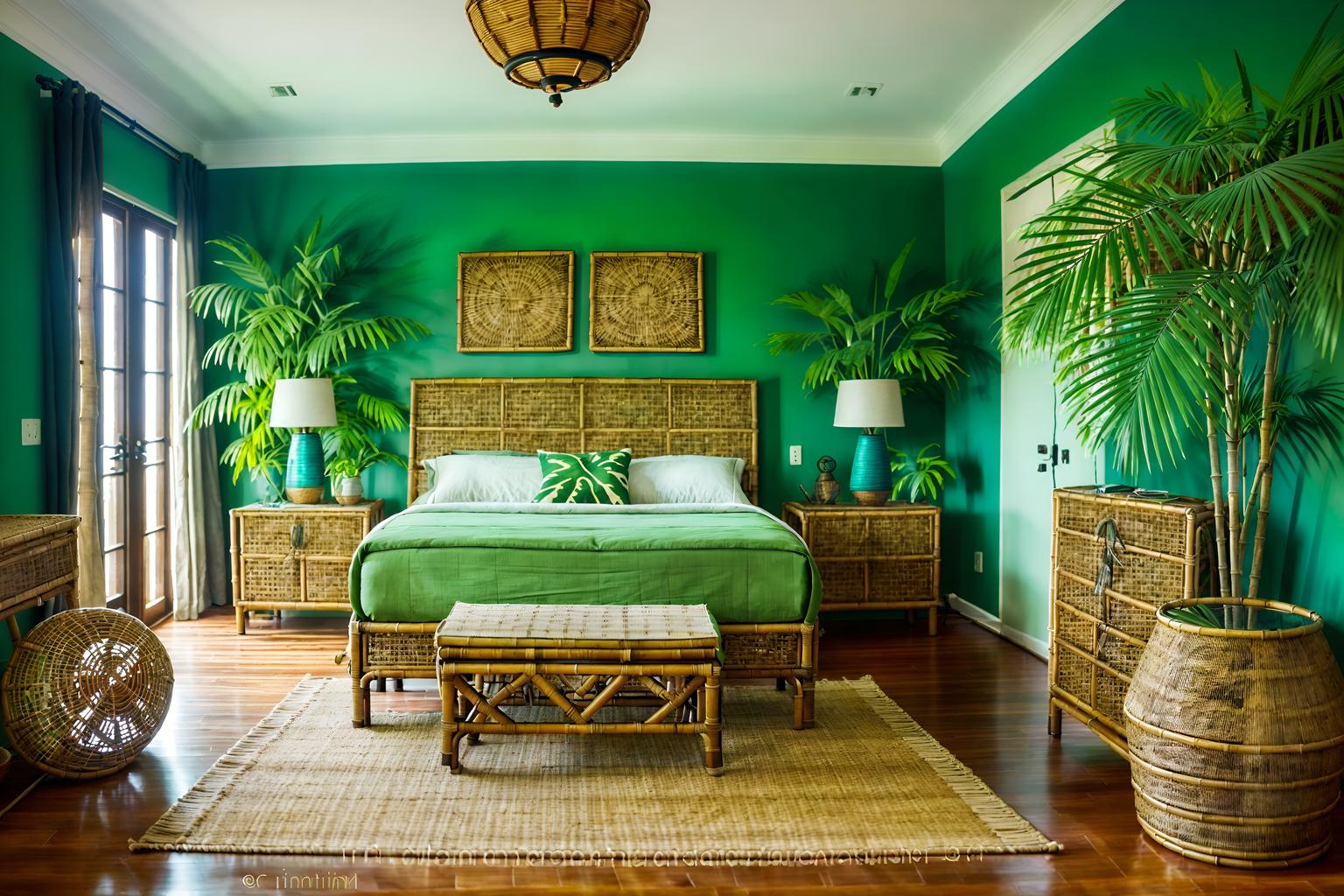 tropical-style (bedroom interior) with storage bench or ottoman and accent chair and plant and mirror and night light and dresser closet and bedside table or night stand and bed. . with palm trees and teak and rattan and wicker and palm leaves and bamboo and lattice prints and cane motifs. . cinematic photo, highly detailed, cinematic lighting, ultra-detailed, ultrarealistic, photorealism, 8k. tropical interior design style. masterpiece, cinematic light, ultrarealistic+, photorealistic+, 8k, raw photo, realistic, sharp focus on eyes, (symmetrical eyes), (intact eyes), hyperrealistic, highest quality, best quality, , highly detailed, masterpiece, best quality, extremely detailed 8k wallpaper, masterpiece, best quality, ultra-detailed, best shadow, detailed background, detailed face, detailed eyes, high contrast, best illumination, detailed face, dulux, caustic, dynamic angle, detailed glow. dramatic lighting. highly detailed, insanely detailed hair, symmetrical, intricate details, professionally retouched, 8k high definition. strong bokeh. award winning photo.