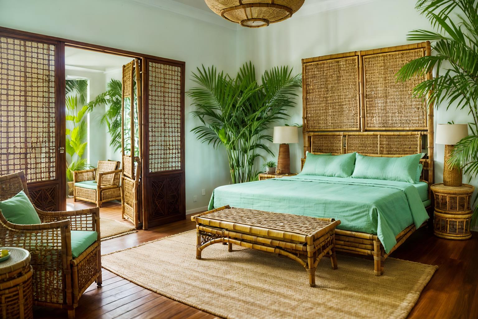 tropical-style (bedroom interior) with storage bench or ottoman and accent chair and plant and mirror and night light and dresser closet and bedside table or night stand and bed. . with palm trees and teak and rattan and wicker and palm leaves and bamboo and lattice prints and cane motifs. . cinematic photo, highly detailed, cinematic lighting, ultra-detailed, ultrarealistic, photorealism, 8k. tropical interior design style. masterpiece, cinematic light, ultrarealistic+, photorealistic+, 8k, raw photo, realistic, sharp focus on eyes, (symmetrical eyes), (intact eyes), hyperrealistic, highest quality, best quality, , highly detailed, masterpiece, best quality, extremely detailed 8k wallpaper, masterpiece, best quality, ultra-detailed, best shadow, detailed background, detailed face, detailed eyes, high contrast, best illumination, detailed face, dulux, caustic, dynamic angle, detailed glow. dramatic lighting. highly detailed, insanely detailed hair, symmetrical, intricate details, professionally retouched, 8k high definition. strong bokeh. award winning photo.