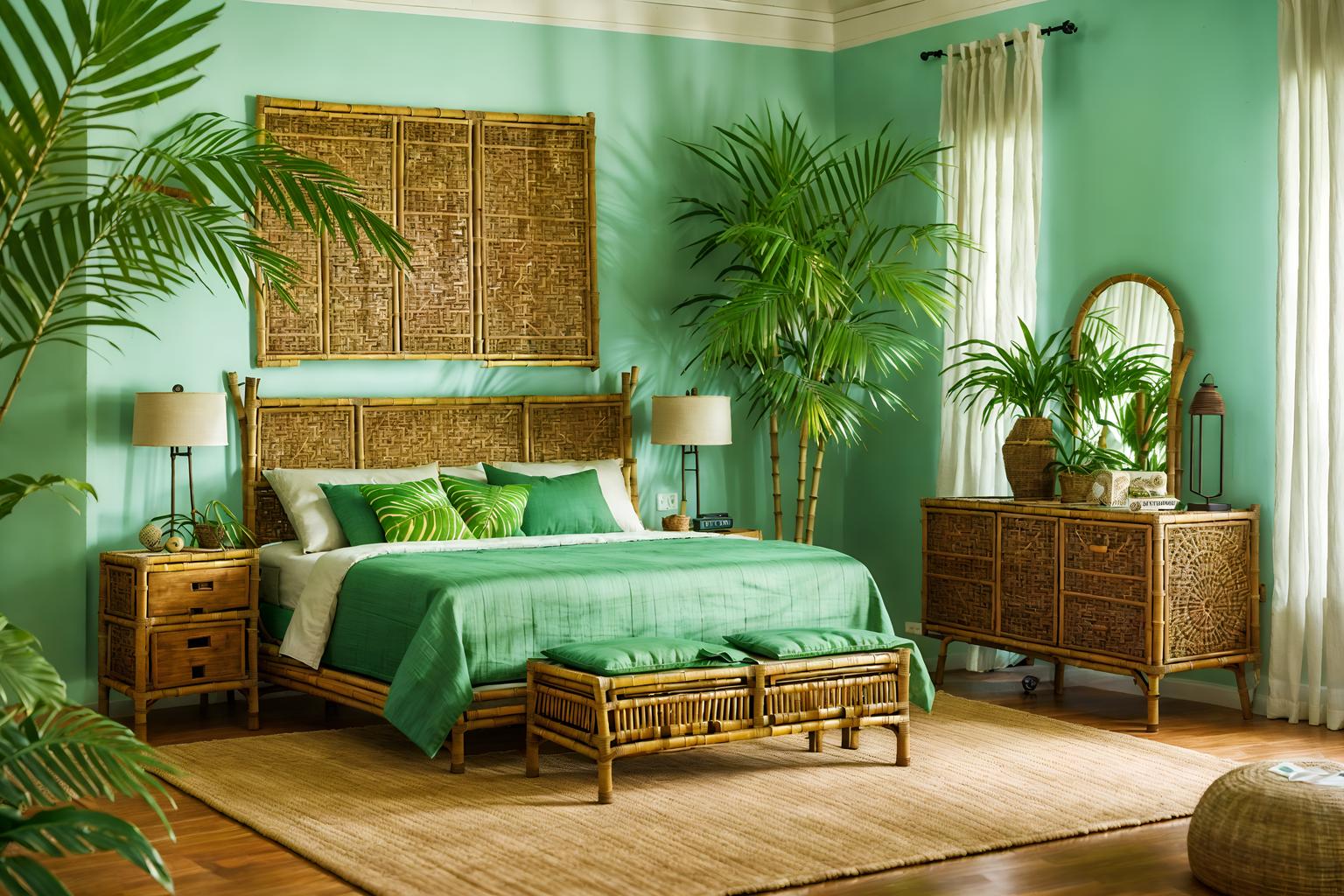 tropical-style (bedroom interior) with storage bench or ottoman and accent chair and plant and mirror and night light and dresser closet and bedside table or night stand and bed. . with palm trees and teak and rattan and wicker and palm leaves and bamboo and lattice prints and cane motifs. . cinematic photo, highly detailed, cinematic lighting, ultra-detailed, ultrarealistic, photorealism, 8k. tropical interior design style. masterpiece, cinematic light, ultrarealistic+, photorealistic+, 8k, raw photo, realistic, sharp focus on eyes, (symmetrical eyes), (intact eyes), hyperrealistic, highest quality, best quality, , highly detailed, masterpiece, best quality, extremely detailed 8k wallpaper, masterpiece, best quality, ultra-detailed, best shadow, detailed background, detailed face, detailed eyes, high contrast, best illumination, detailed face, dulux, caustic, dynamic angle, detailed glow. dramatic lighting. highly detailed, insanely detailed hair, symmetrical, intricate details, professionally retouched, 8k high definition. strong bokeh. award winning photo.