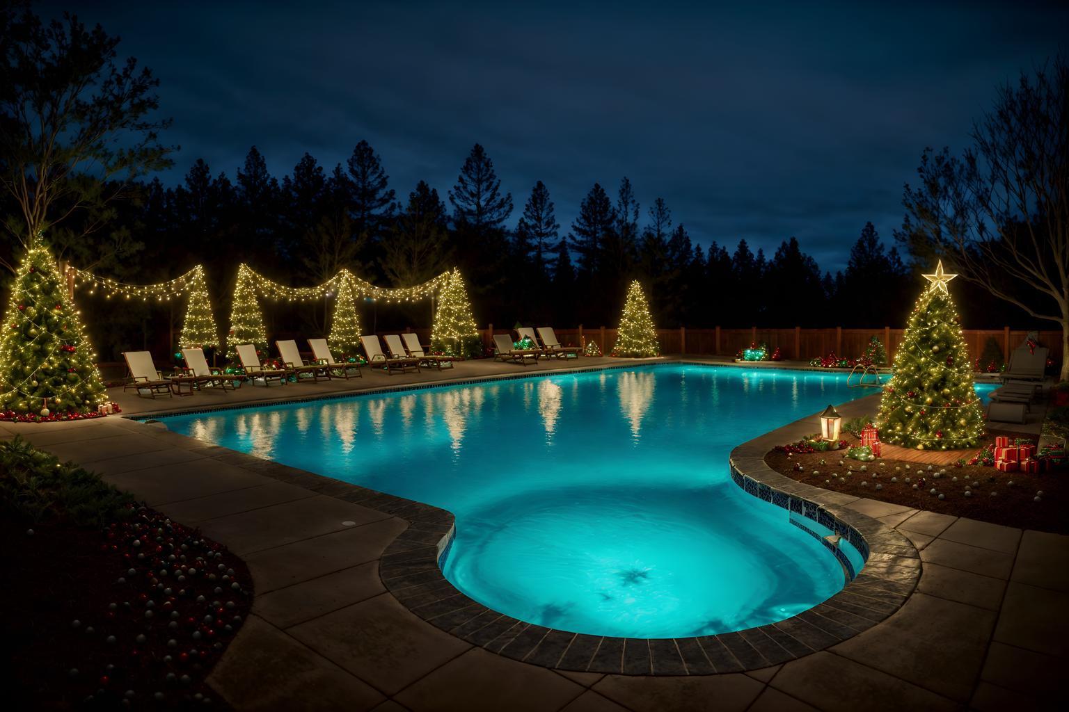 christmas-style designed (outdoor pool area ) with pool and pool lights and pool lounge chairs and pool. . with tie pinecones and berries and snow outside and plaid rugs and giftwrapped gifts and christmas ornaments and berries and greenery draped and ribbons and a few big socks hanging. . cinematic photo, highly detailed, cinematic lighting, ultra-detailed, ultrarealistic, photorealism, 8k. christmas design style. masterpiece, cinematic light, ultrarealistic+, photorealistic+, 8k, raw photo, realistic, sharp focus on eyes, (symmetrical eyes), (intact eyes), hyperrealistic, highest quality, best quality, , highly detailed, masterpiece, best quality, extremely detailed 8k wallpaper, masterpiece, best quality, ultra-detailed, best shadow, detailed background, detailed face, detailed eyes, high contrast, best illumination, detailed face, dulux, caustic, dynamic angle, detailed glow. dramatic lighting. highly detailed, insanely detailed hair, symmetrical, intricate details, professionally retouched, 8k high definition. strong bokeh. award winning photo.