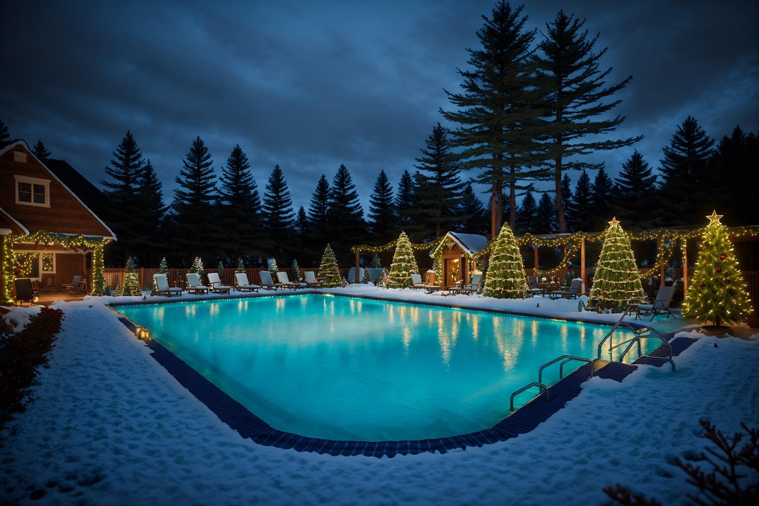 christmas-style designed (outdoor pool area ) with pool and pool lights and pool lounge chairs and pool. . with tie pinecones and berries and snow outside and plaid rugs and giftwrapped gifts and christmas ornaments and berries and greenery draped and ribbons and a few big socks hanging. . cinematic photo, highly detailed, cinematic lighting, ultra-detailed, ultrarealistic, photorealism, 8k. christmas design style. masterpiece, cinematic light, ultrarealistic+, photorealistic+, 8k, raw photo, realistic, sharp focus on eyes, (symmetrical eyes), (intact eyes), hyperrealistic, highest quality, best quality, , highly detailed, masterpiece, best quality, extremely detailed 8k wallpaper, masterpiece, best quality, ultra-detailed, best shadow, detailed background, detailed face, detailed eyes, high contrast, best illumination, detailed face, dulux, caustic, dynamic angle, detailed glow. dramatic lighting. highly detailed, insanely detailed hair, symmetrical, intricate details, professionally retouched, 8k high definition. strong bokeh. award winning photo.