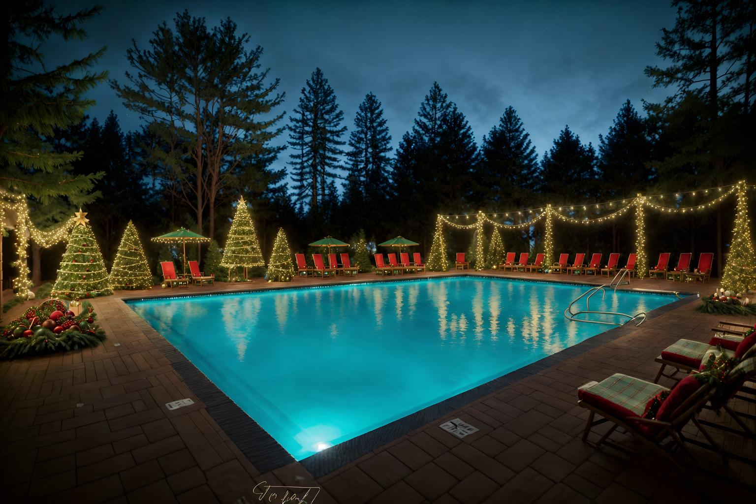 christmas-style designed (outdoor pool area ) with pool and pool lights and pool lounge chairs and pool. . with tie pinecones and berries and snow outside and plaid rugs and giftwrapped gifts and christmas ornaments and berries and greenery draped and ribbons and a few big socks hanging. . cinematic photo, highly detailed, cinematic lighting, ultra-detailed, ultrarealistic, photorealism, 8k. christmas design style. masterpiece, cinematic light, ultrarealistic+, photorealistic+, 8k, raw photo, realistic, sharp focus on eyes, (symmetrical eyes), (intact eyes), hyperrealistic, highest quality, best quality, , highly detailed, masterpiece, best quality, extremely detailed 8k wallpaper, masterpiece, best quality, ultra-detailed, best shadow, detailed background, detailed face, detailed eyes, high contrast, best illumination, detailed face, dulux, caustic, dynamic angle, detailed glow. dramatic lighting. highly detailed, insanely detailed hair, symmetrical, intricate details, professionally retouched, 8k high definition. strong bokeh. award winning photo.