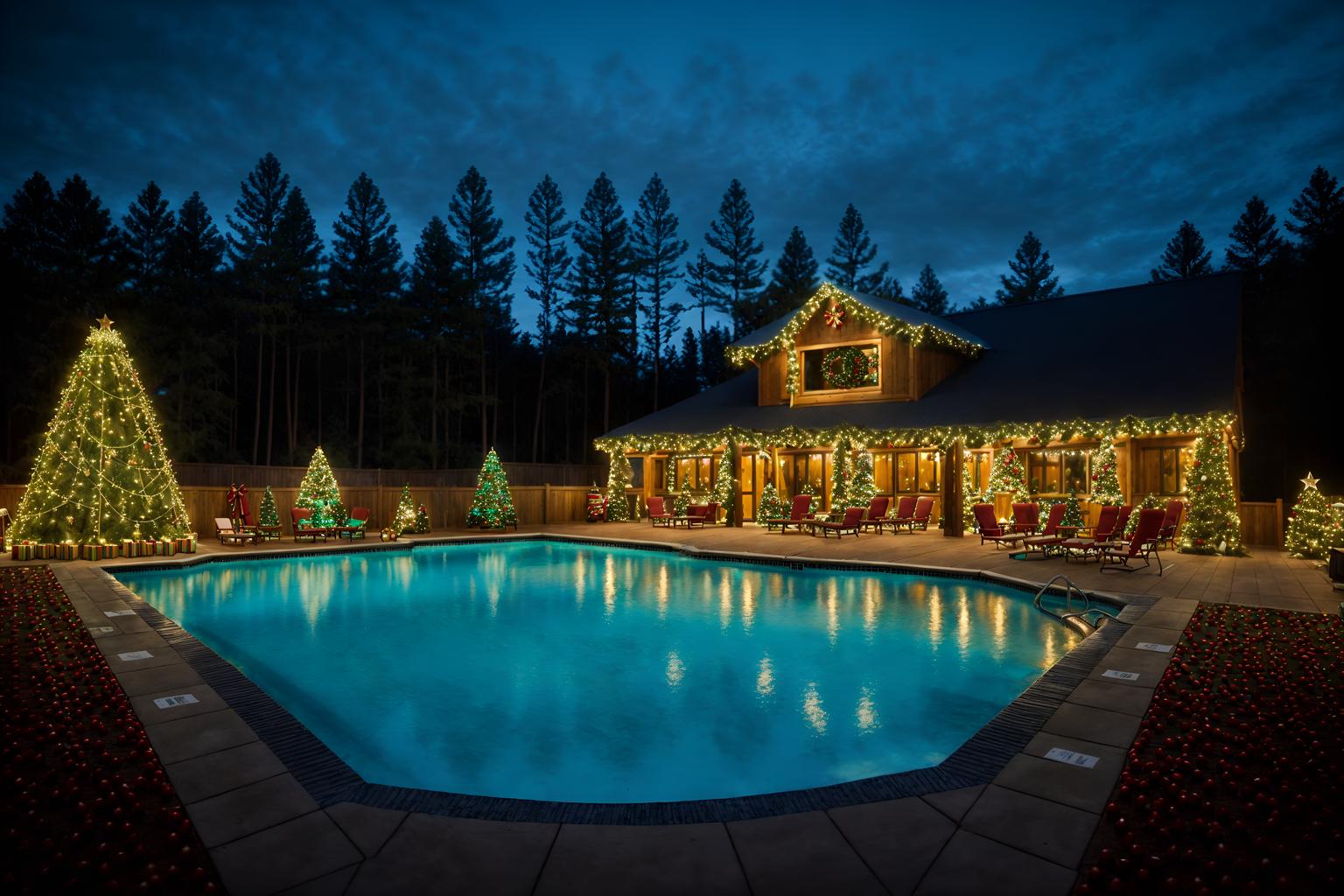 christmas-style designed (outdoor pool area ) with pool and pool lights and pool lounge chairs and pool. . with tie pinecones and berries and snow outside and plaid rugs and giftwrapped gifts and christmas ornaments and berries and greenery draped and ribbons and a few big socks hanging. . cinematic photo, highly detailed, cinematic lighting, ultra-detailed, ultrarealistic, photorealism, 8k. christmas design style. masterpiece, cinematic light, ultrarealistic+, photorealistic+, 8k, raw photo, realistic, sharp focus on eyes, (symmetrical eyes), (intact eyes), hyperrealistic, highest quality, best quality, , highly detailed, masterpiece, best quality, extremely detailed 8k wallpaper, masterpiece, best quality, ultra-detailed, best shadow, detailed background, detailed face, detailed eyes, high contrast, best illumination, detailed face, dulux, caustic, dynamic angle, detailed glow. dramatic lighting. highly detailed, insanely detailed hair, symmetrical, intricate details, professionally retouched, 8k high definition. strong bokeh. award winning photo.