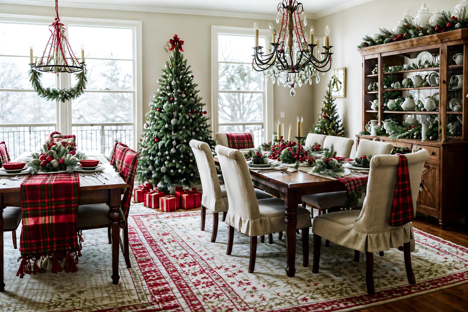 christmas-style (dining room interior) with bookshelves and dining table chairs and dining table and plant and plates, cutlery and glasses on dining table and light or chandelier and vase and table cloth. . with ribbons and snow outside and plaid rugs and christmas ornaments and berries and greenery draped and tie pinecones and berries and a few big socks hanging and giftwrapped gifts. . cinematic photo, highly detailed, cinematic lighting, ultra-detailed, ultrarealistic, photorealism, 8k. christmas interior design style. masterpiece, cinematic light, ultrarealistic+, photorealistic+, 8k, raw photo, realistic, sharp focus on eyes, (symmetrical eyes), (intact eyes), hyperrealistic, highest quality, best quality, , highly detailed, masterpiece, best quality, extremely detailed 8k wallpaper, masterpiece, best quality, ultra-detailed, best shadow, detailed background, detailed face, detailed eyes, high contrast, best illumination, detailed face, dulux, caustic, dynamic angle, detailed glow. dramatic lighting. highly detailed, insanely detailed hair, symmetrical, intricate details, professionally retouched, 8k high definition. strong bokeh. award winning photo.