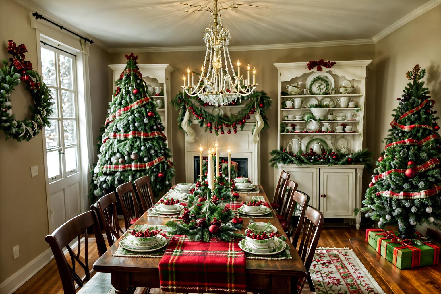 christmas-style (dining room interior) with bookshelves and dining table chairs and dining table and plant and plates, cutlery and glasses on dining table and light or chandelier and vase and table cloth. . with ribbons and snow outside and plaid rugs and christmas ornaments and berries and greenery draped and tie pinecones and berries and a few big socks hanging and giftwrapped gifts. . cinematic photo, highly detailed, cinematic lighting, ultra-detailed, ultrarealistic, photorealism, 8k. christmas interior design style. masterpiece, cinematic light, ultrarealistic+, photorealistic+, 8k, raw photo, realistic, sharp focus on eyes, (symmetrical eyes), (intact eyes), hyperrealistic, highest quality, best quality, , highly detailed, masterpiece, best quality, extremely detailed 8k wallpaper, masterpiece, best quality, ultra-detailed, best shadow, detailed background, detailed face, detailed eyes, high contrast, best illumination, detailed face, dulux, caustic, dynamic angle, detailed glow. dramatic lighting. highly detailed, insanely detailed hair, symmetrical, intricate details, professionally retouched, 8k high definition. strong bokeh. award winning photo.