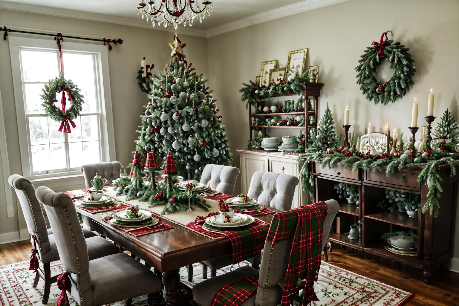 christmas-style (dining room interior) with bookshelves and dining table chairs and dining table and plant and plates, cutlery and glasses on dining table and light or chandelier and vase and table cloth. . with ribbons and snow outside and plaid rugs and christmas ornaments and berries and greenery draped and tie pinecones and berries and a few big socks hanging and giftwrapped gifts. . cinematic photo, highly detailed, cinematic lighting, ultra-detailed, ultrarealistic, photorealism, 8k. christmas interior design style. masterpiece, cinematic light, ultrarealistic+, photorealistic+, 8k, raw photo, realistic, sharp focus on eyes, (symmetrical eyes), (intact eyes), hyperrealistic, highest quality, best quality, , highly detailed, masterpiece, best quality, extremely detailed 8k wallpaper, masterpiece, best quality, ultra-detailed, best shadow, detailed background, detailed face, detailed eyes, high contrast, best illumination, detailed face, dulux, caustic, dynamic angle, detailed glow. dramatic lighting. highly detailed, insanely detailed hair, symmetrical, intricate details, professionally retouched, 8k high definition. strong bokeh. award winning photo.