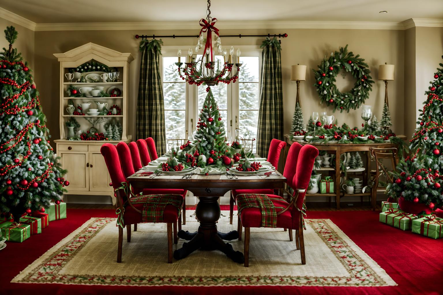 christmas-style (dining room interior) with bookshelves and dining table chairs and dining table and plant and plates, cutlery and glasses on dining table and light or chandelier and vase and table cloth. . with ribbons and snow outside and plaid rugs and christmas ornaments and berries and greenery draped and tie pinecones and berries and a few big socks hanging and giftwrapped gifts. . cinematic photo, highly detailed, cinematic lighting, ultra-detailed, ultrarealistic, photorealism, 8k. christmas interior design style. masterpiece, cinematic light, ultrarealistic+, photorealistic+, 8k, raw photo, realistic, sharp focus on eyes, (symmetrical eyes), (intact eyes), hyperrealistic, highest quality, best quality, , highly detailed, masterpiece, best quality, extremely detailed 8k wallpaper, masterpiece, best quality, ultra-detailed, best shadow, detailed background, detailed face, detailed eyes, high contrast, best illumination, detailed face, dulux, caustic, dynamic angle, detailed glow. dramatic lighting. highly detailed, insanely detailed hair, symmetrical, intricate details, professionally retouched, 8k high definition. strong bokeh. award winning photo.