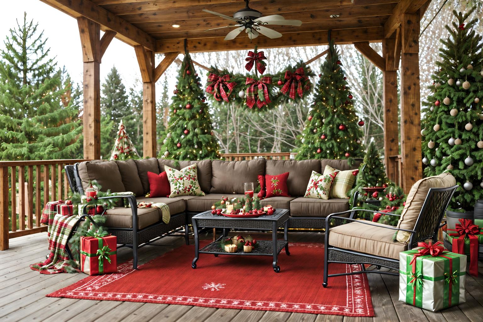 christmas-style designed (outdoor patio ) with barbeque or grill and grass and plant and patio couch with pillows and deck with deck chairs and barbeque or grill. . with a few big socks hanging and plaid rugs and christmas ornaments and snow outside and giftwrapped gifts and ribbons and berries and greenery draped and tie pinecones and berries. . cinematic photo, highly detailed, cinematic lighting, ultra-detailed, ultrarealistic, photorealism, 8k. christmas design style. masterpiece, cinematic light, ultrarealistic+, photorealistic+, 8k, raw photo, realistic, sharp focus on eyes, (symmetrical eyes), (intact eyes), hyperrealistic, highest quality, best quality, , highly detailed, masterpiece, best quality, extremely detailed 8k wallpaper, masterpiece, best quality, ultra-detailed, best shadow, detailed background, detailed face, detailed eyes, high contrast, best illumination, detailed face, dulux, caustic, dynamic angle, detailed glow. dramatic lighting. highly detailed, insanely detailed hair, symmetrical, intricate details, professionally retouched, 8k high definition. strong bokeh. award winning photo.