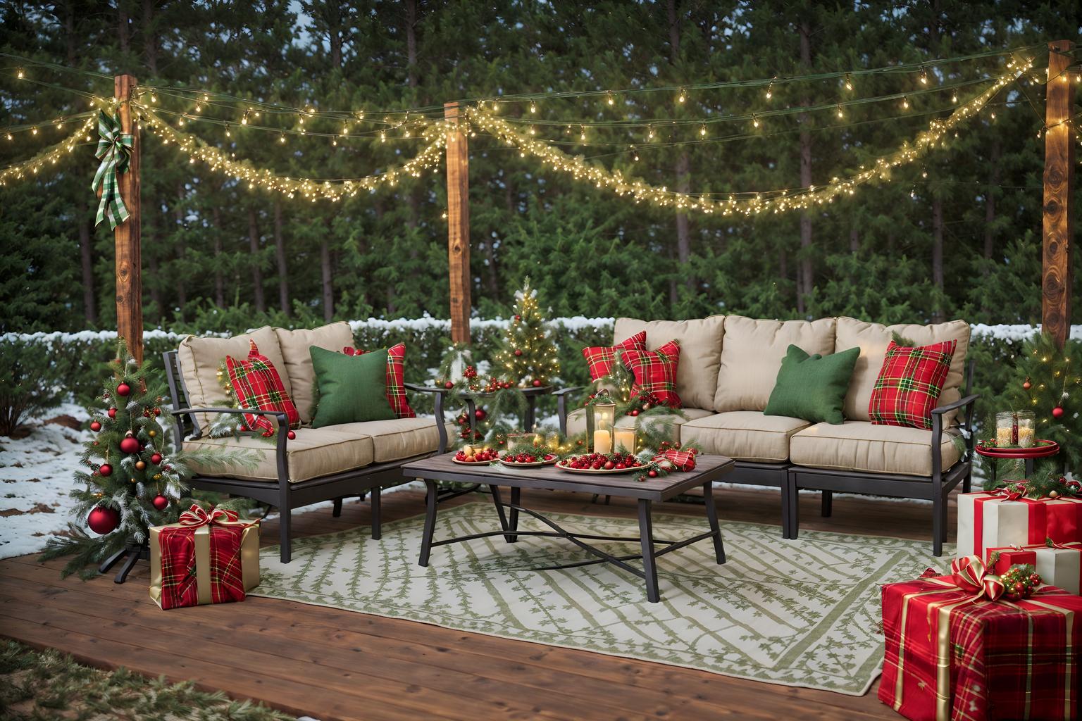 christmas-style designed (outdoor patio ) with barbeque or grill and grass and plant and patio couch with pillows and deck with deck chairs and barbeque or grill. . with a few big socks hanging and plaid rugs and christmas ornaments and snow outside and giftwrapped gifts and ribbons and berries and greenery draped and tie pinecones and berries. . cinematic photo, highly detailed, cinematic lighting, ultra-detailed, ultrarealistic, photorealism, 8k. christmas design style. masterpiece, cinematic light, ultrarealistic+, photorealistic+, 8k, raw photo, realistic, sharp focus on eyes, (symmetrical eyes), (intact eyes), hyperrealistic, highest quality, best quality, , highly detailed, masterpiece, best quality, extremely detailed 8k wallpaper, masterpiece, best quality, ultra-detailed, best shadow, detailed background, detailed face, detailed eyes, high contrast, best illumination, detailed face, dulux, caustic, dynamic angle, detailed glow. dramatic lighting. highly detailed, insanely detailed hair, symmetrical, intricate details, professionally retouched, 8k high definition. strong bokeh. award winning photo.