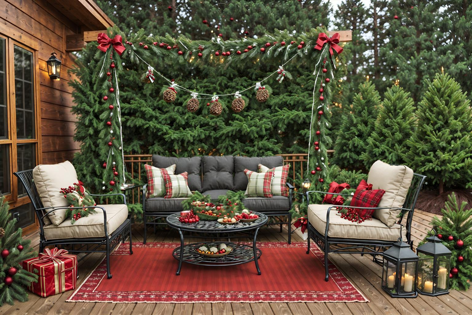 christmas-style designed (outdoor patio ) with barbeque or grill and grass and plant and patio couch with pillows and deck with deck chairs and barbeque or grill. . with a few big socks hanging and plaid rugs and christmas ornaments and snow outside and giftwrapped gifts and ribbons and berries and greenery draped and tie pinecones and berries. . cinematic photo, highly detailed, cinematic lighting, ultra-detailed, ultrarealistic, photorealism, 8k. christmas design style. masterpiece, cinematic light, ultrarealistic+, photorealistic+, 8k, raw photo, realistic, sharp focus on eyes, (symmetrical eyes), (intact eyes), hyperrealistic, highest quality, best quality, , highly detailed, masterpiece, best quality, extremely detailed 8k wallpaper, masterpiece, best quality, ultra-detailed, best shadow, detailed background, detailed face, detailed eyes, high contrast, best illumination, detailed face, dulux, caustic, dynamic angle, detailed glow. dramatic lighting. highly detailed, insanely detailed hair, symmetrical, intricate details, professionally retouched, 8k high definition. strong bokeh. award winning photo.