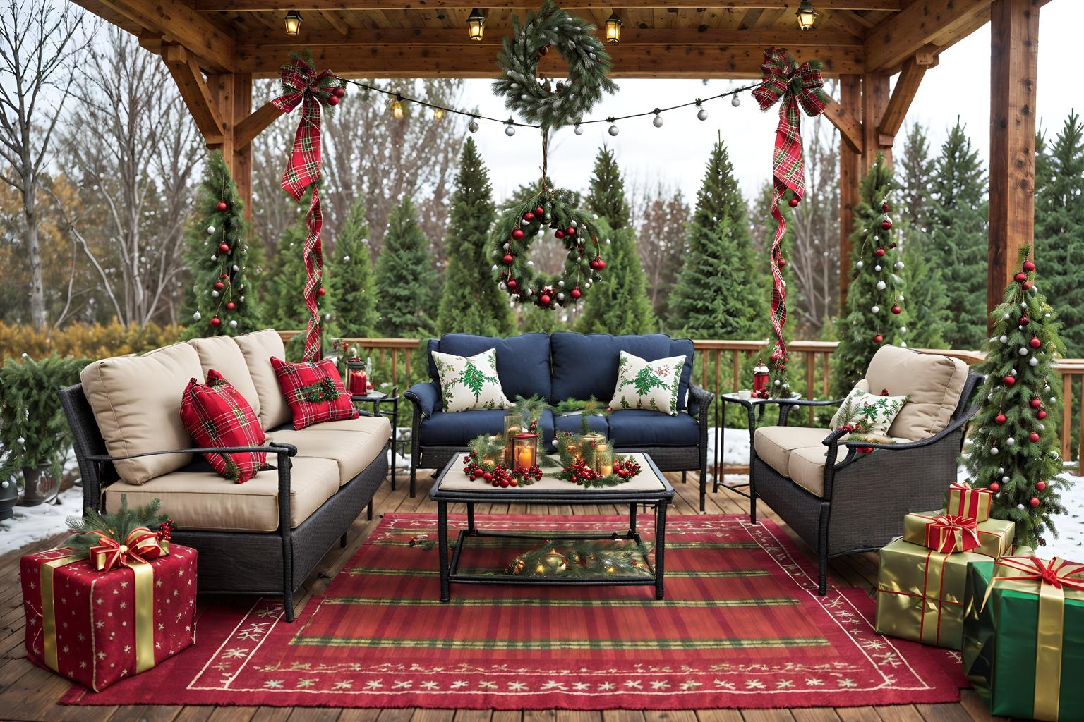 christmas-style designed (outdoor patio ) with barbeque or grill and grass and plant and patio couch with pillows and deck with deck chairs and barbeque or grill. . with a few big socks hanging and plaid rugs and christmas ornaments and snow outside and giftwrapped gifts and ribbons and berries and greenery draped and tie pinecones and berries. . cinematic photo, highly detailed, cinematic lighting, ultra-detailed, ultrarealistic, photorealism, 8k. christmas design style. masterpiece, cinematic light, ultrarealistic+, photorealistic+, 8k, raw photo, realistic, sharp focus on eyes, (symmetrical eyes), (intact eyes), hyperrealistic, highest quality, best quality, , highly detailed, masterpiece, best quality, extremely detailed 8k wallpaper, masterpiece, best quality, ultra-detailed, best shadow, detailed background, detailed face, detailed eyes, high contrast, best illumination, detailed face, dulux, caustic, dynamic angle, detailed glow. dramatic lighting. highly detailed, insanely detailed hair, symmetrical, intricate details, professionally retouched, 8k high definition. strong bokeh. award winning photo.